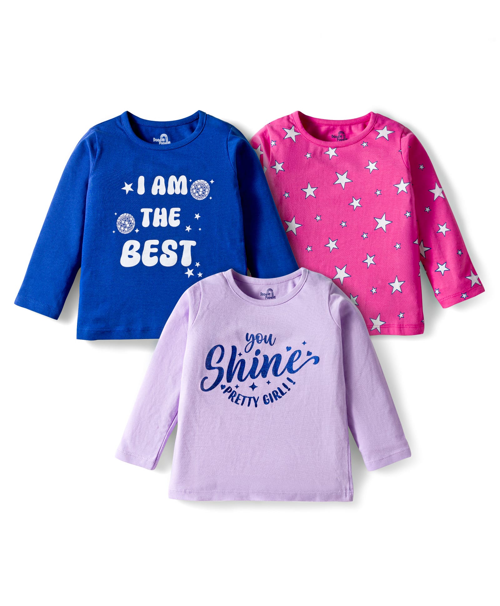 Doodle Poodle 100% Cotton Knit Full Sleeves T-Shirts with Star & I am The Best Text Print Pack of 3 - Navy Blue & Dark Pink-image-24