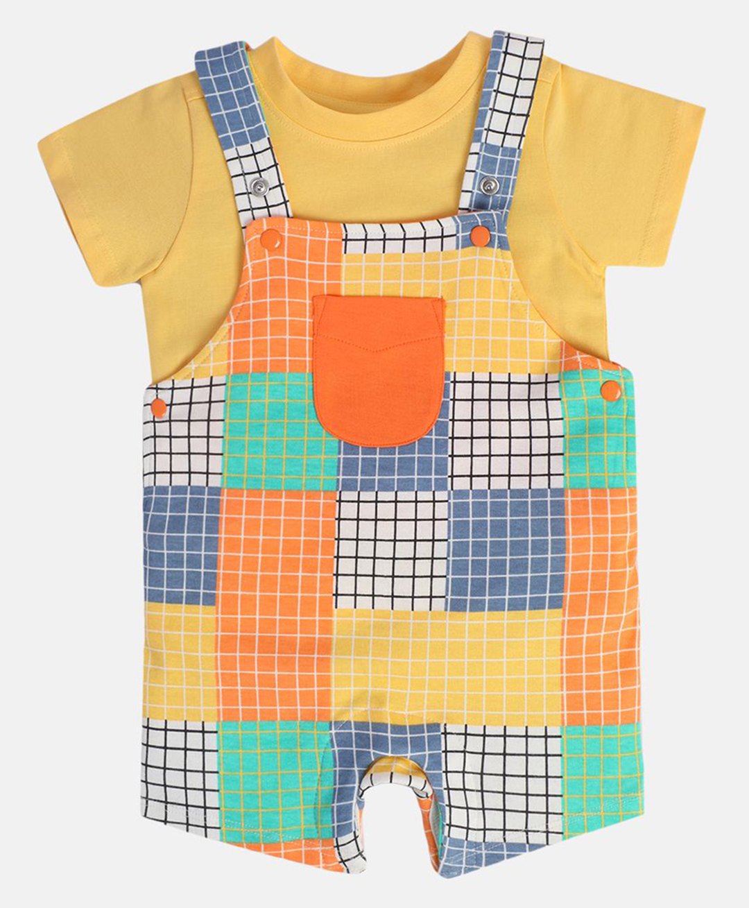 MINI KLUB Cotton Knit Checked Dungaree With Half Sleeves Tee - Orange-picture-25