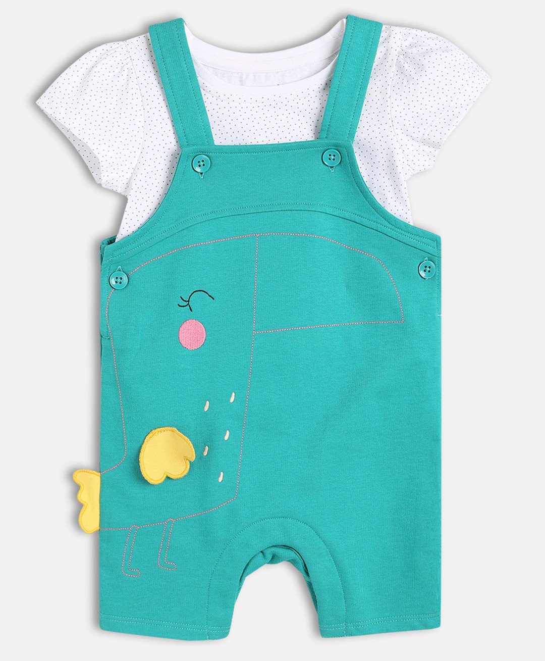 MINI KLUB Cotton Knit Bird Embroidered & Applique Detailed Dungaree With Cap Sleeves Top - White & Teal-image-22