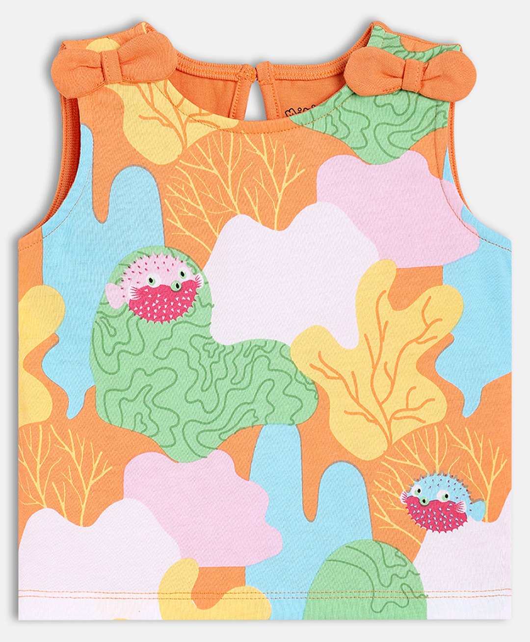 MINI KLUB Cotton Knit Sleeveless Puffer Fish Printed Bow Applique Detailed Top - Orange-image-12