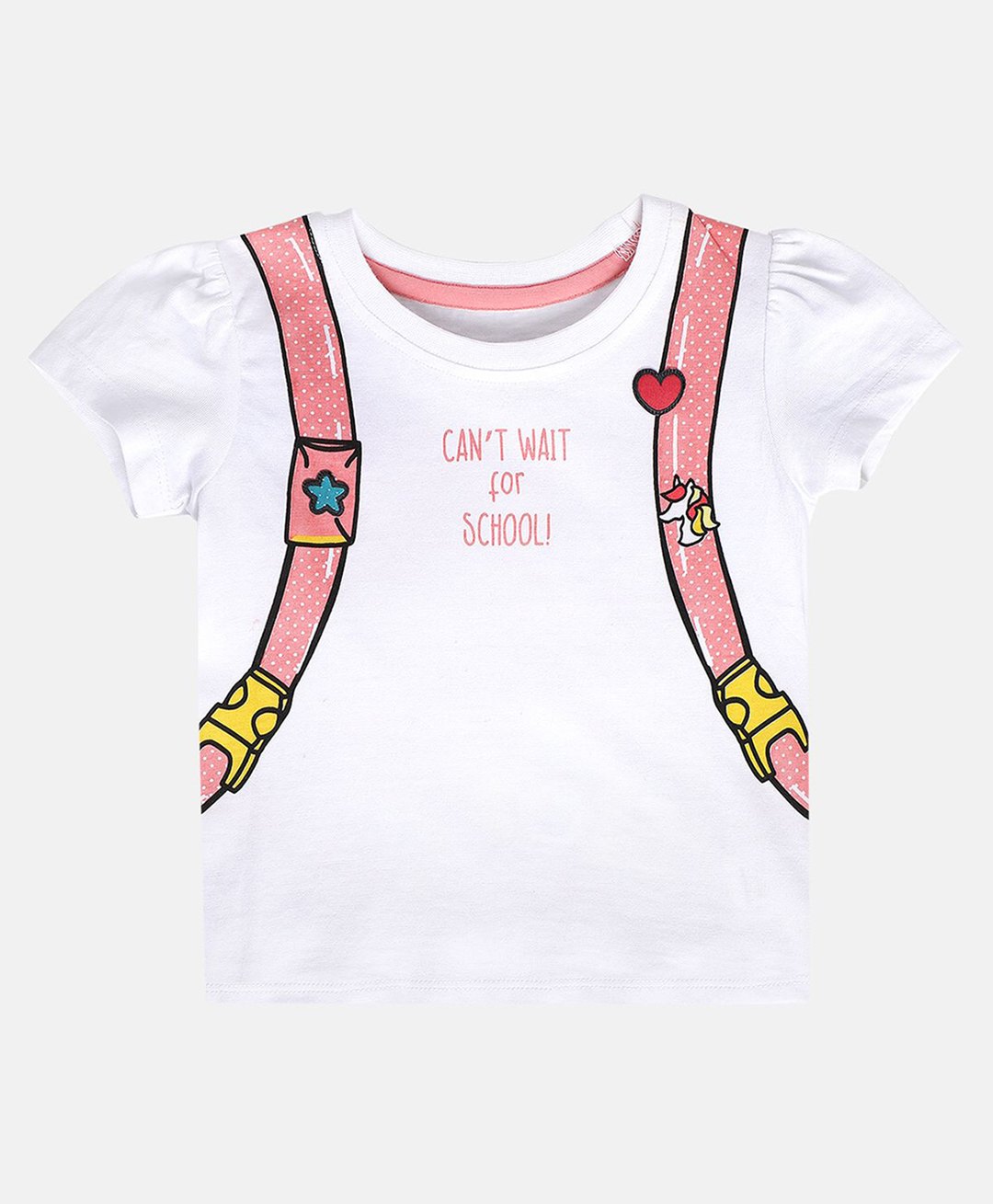 MINI KLUB Cotton Knit Half Sleeves Cant Wait For School Text Printed Top - White-picture-8