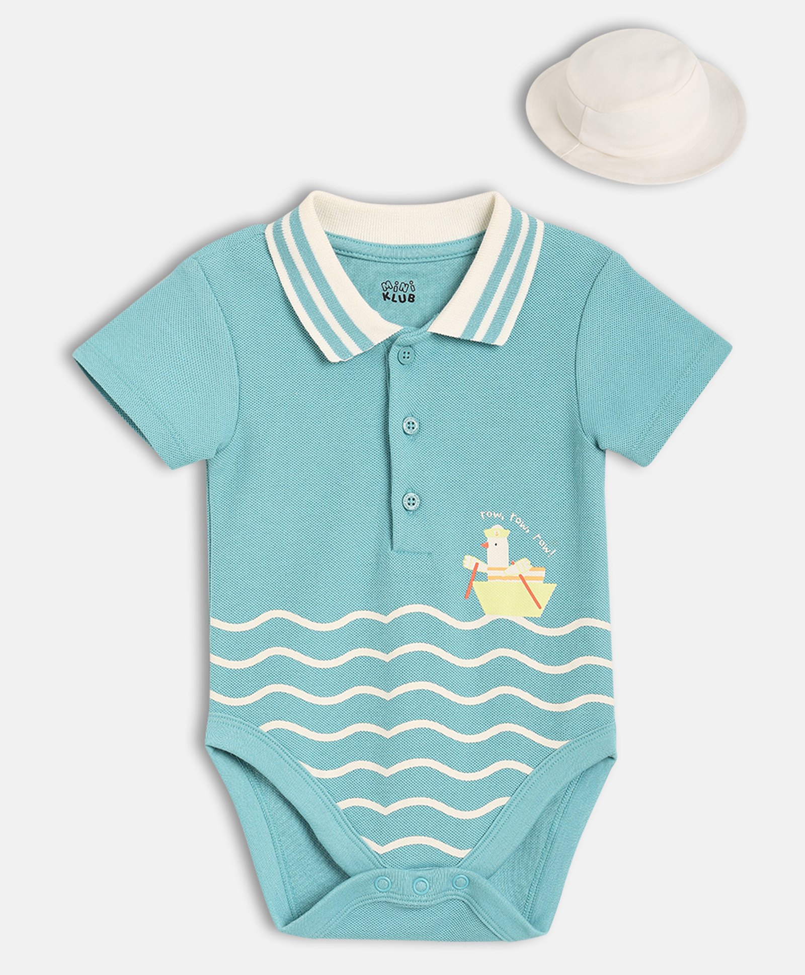 MINI KLUB Cotton Knit Half Sleeves Boat Printed Onesie With Cap - Blue-image-33