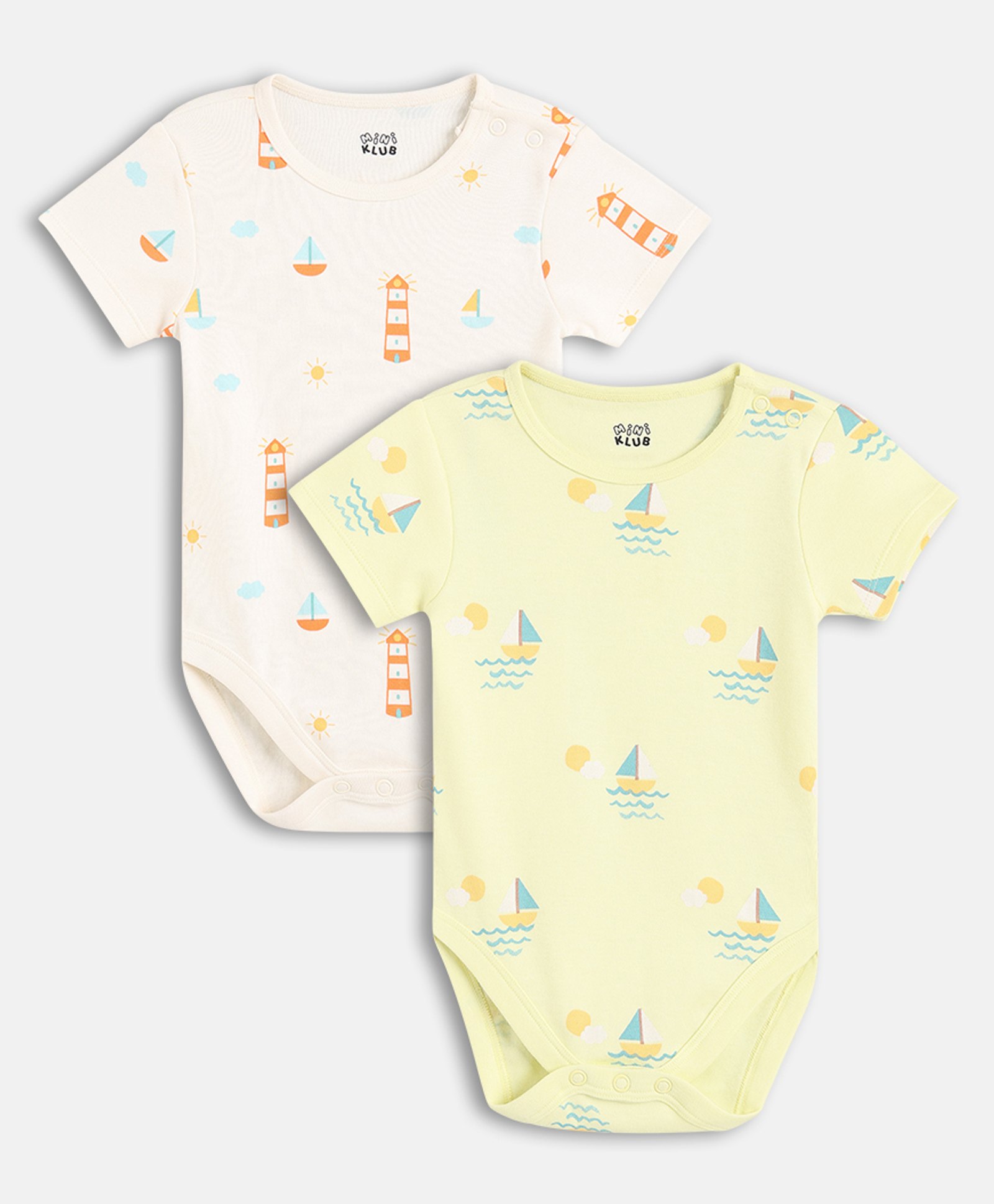 MINI KLUB Cotton Knit Pack Of 2 Half Sleeves Nautical Theme Printed Onesies - Pink & Yellow-image-48