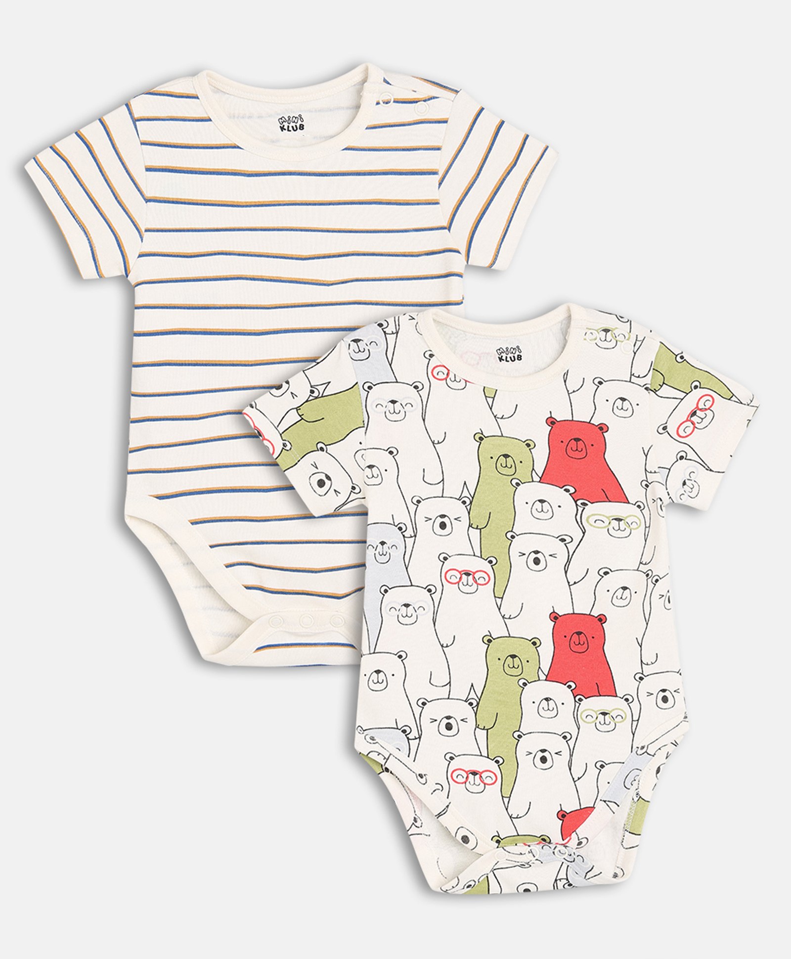 MINI KLUB Cotton Knit Pack Of 2 Half Sleeves Bears Printed & Striped Onesies - White & Beige-picture-26