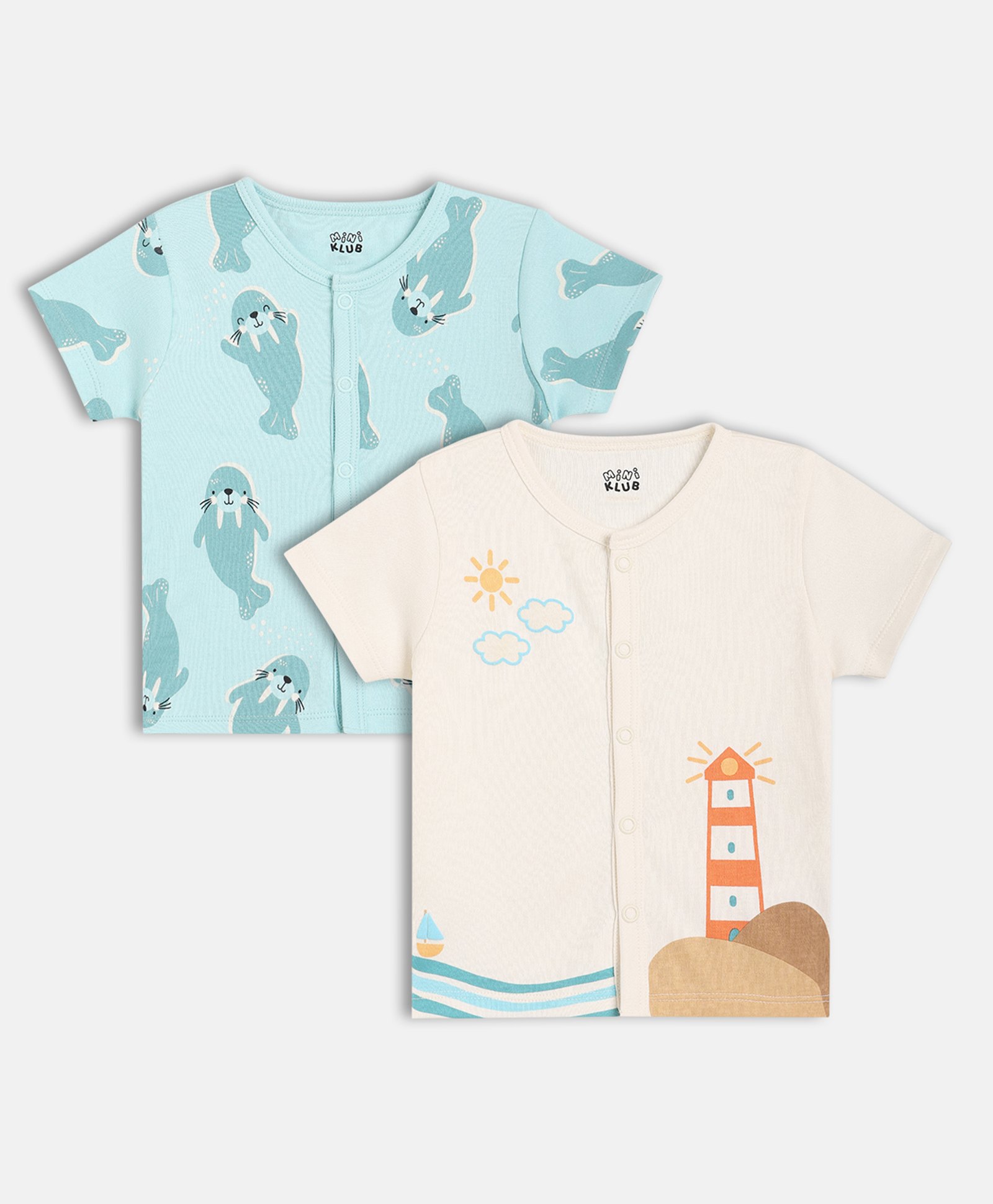 MINI KLUB Cotton Knit Pack Of 2 Half Sleeves Light House & Seal Printed Jhablas - Blue & Off White-picture-25