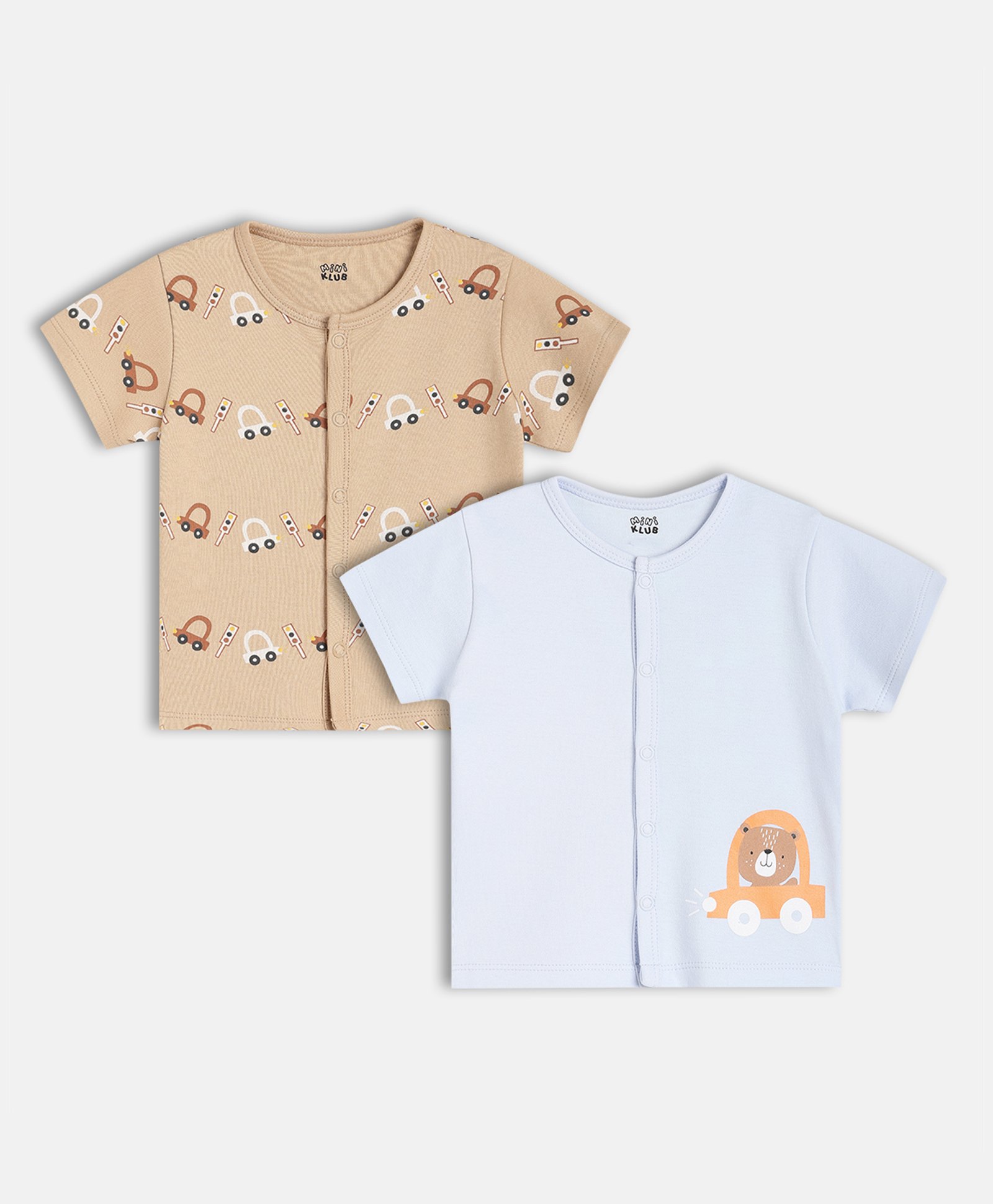 MINI KLUB Cotton Knit Pack Of 2 Half Sleeves Baby Bear & Cars Printed Jhablas - Blue & Beige-picture-29