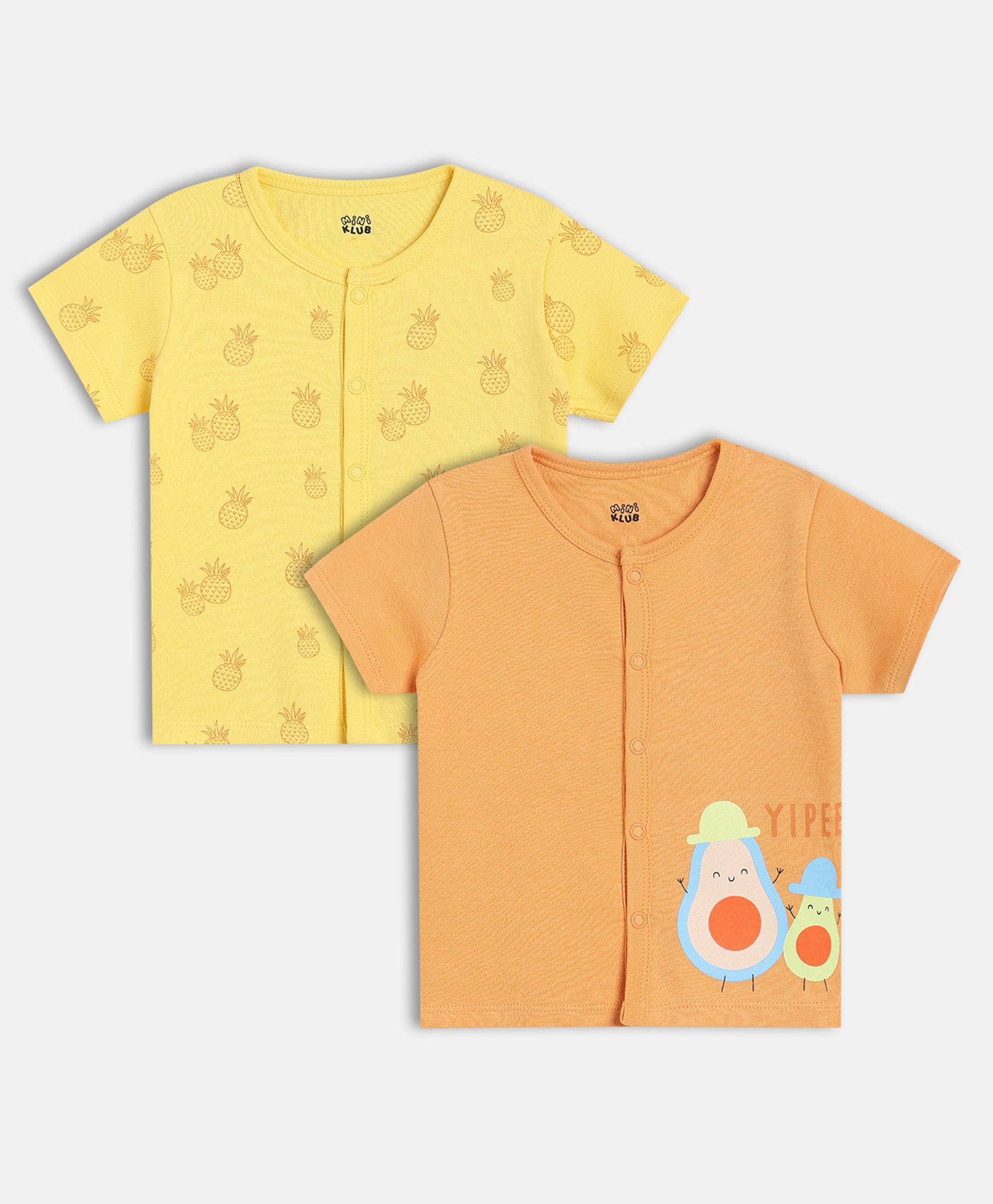 MINI KLUB Cotton Knit Pack Of 2 Half Sleeves Pineapple & Yipee Text Printed Jhablas - Yellow & Orange-image-16
