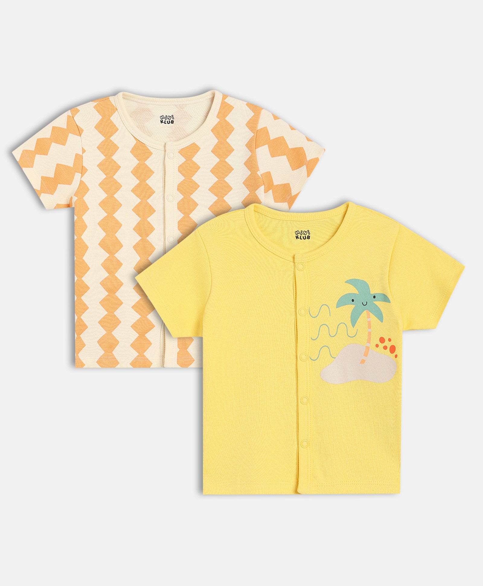 MINI KLUB Cotton Knit Pack Of 2 Half Sleeves Geometric & Beach Printed Jhablas - Yellow & Beige-picture-16