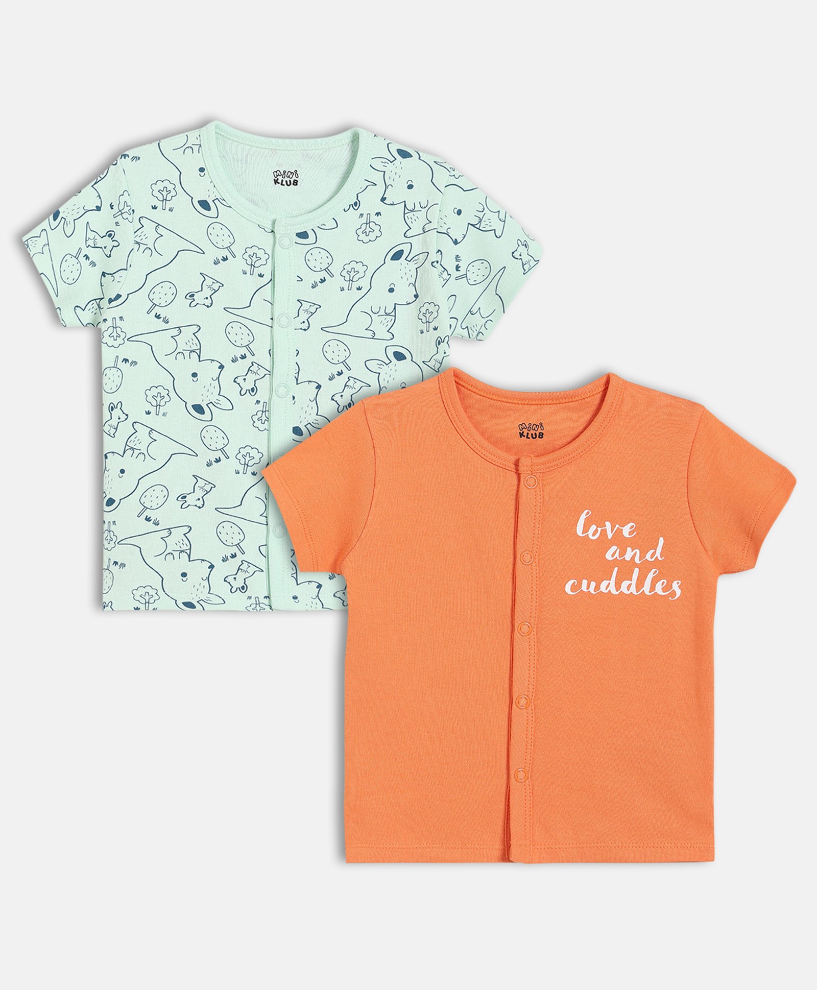 MINI KLUB Cotton Knit Pack Of 2 Half Sleeves Typography & Baby Animals Printed Jhablas - Blue & Orange-picture-27
