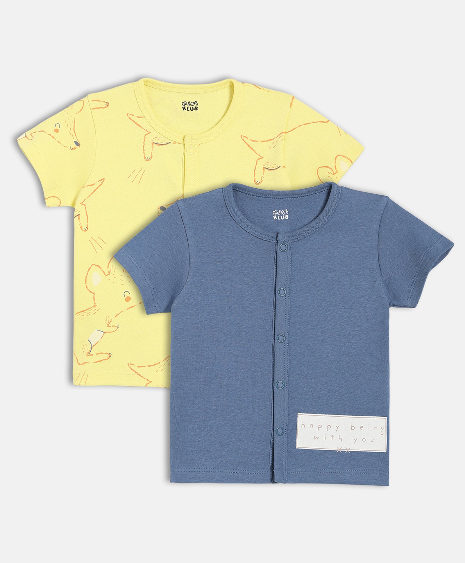 MINI KLUB Cotton Knit Pack Of 2 Half Sleeves Typography & Baby Animals Printed Jhablas - Yellow & Blue-picture-28