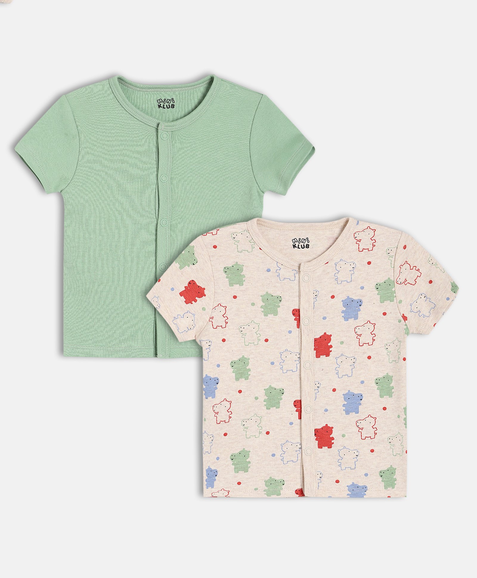 MINI KLUB Cotton Knit Pack Of 2 Half Sleeves Solid & Baby Hippos Printed Jhablas - Green & Light Peach-picture-10