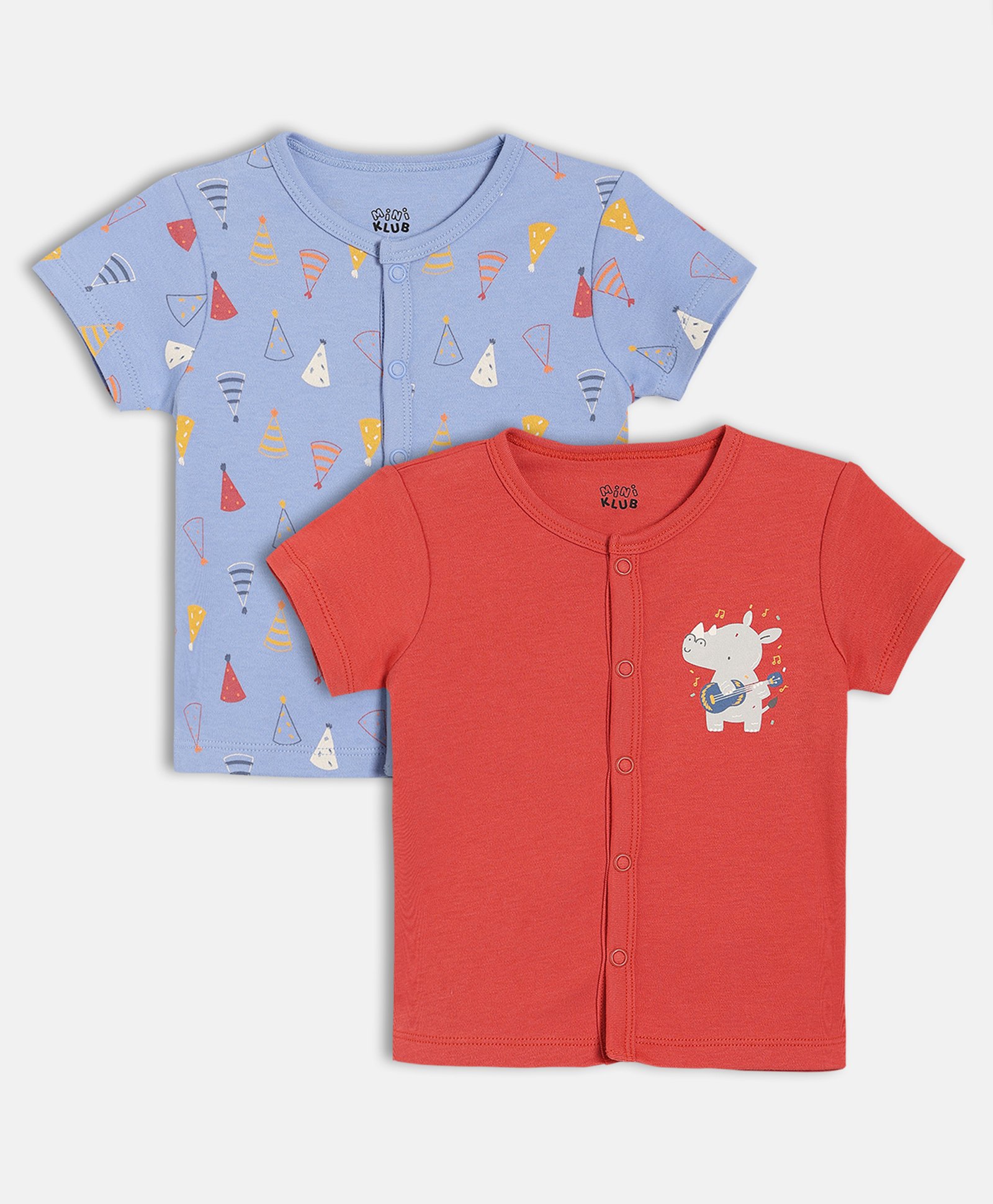 MINI KLUB Cotton Knit Pack Of 2 Half Sleeves Party Caps & Baby Rhino Printed Jhablas - Red & Blue-image-15