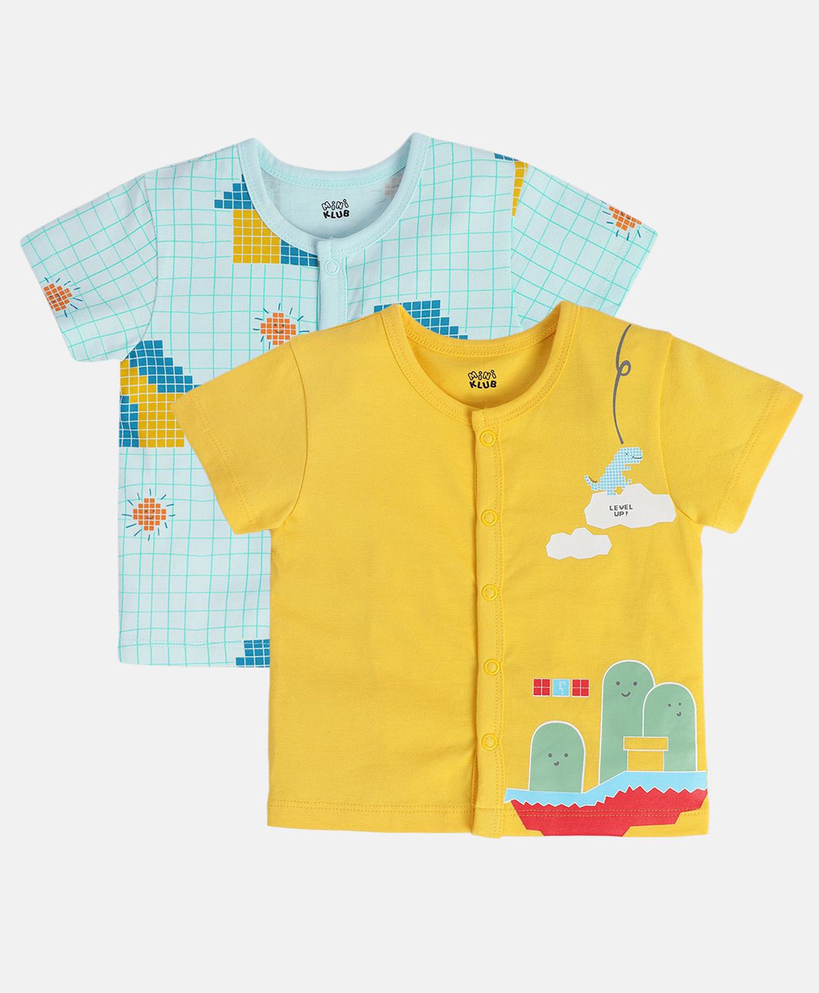 MINI KLUB Cotton Knit Pack Of 2 Half Sleeves Checked & Dinosaur Printed Jhablas - Blue & Yellow-picture-39