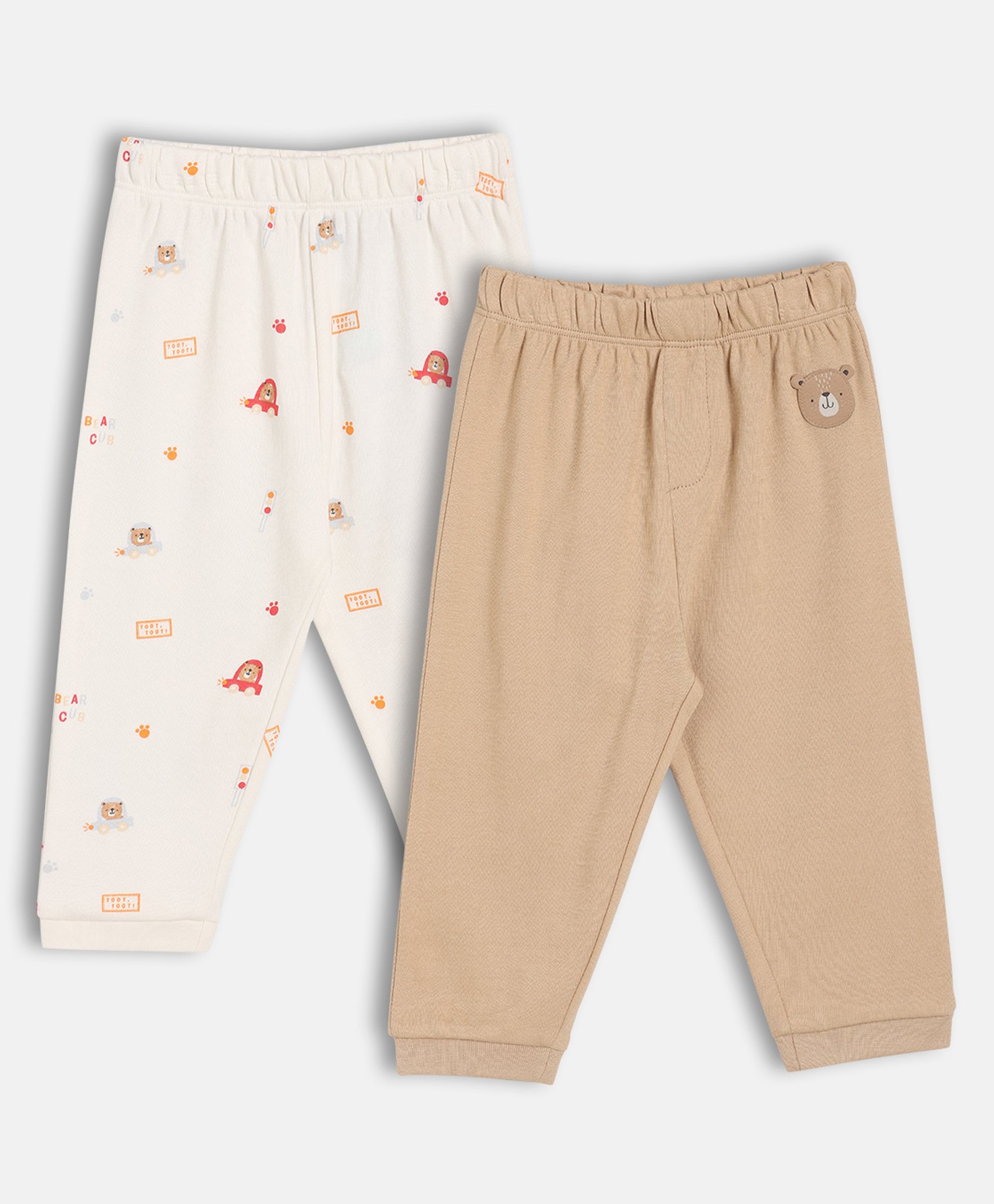 MINI KLUB Cotton Knit Pack Of 2 Teddy Bear & Vehices Printed Pants - Off White & Beige-picture-10