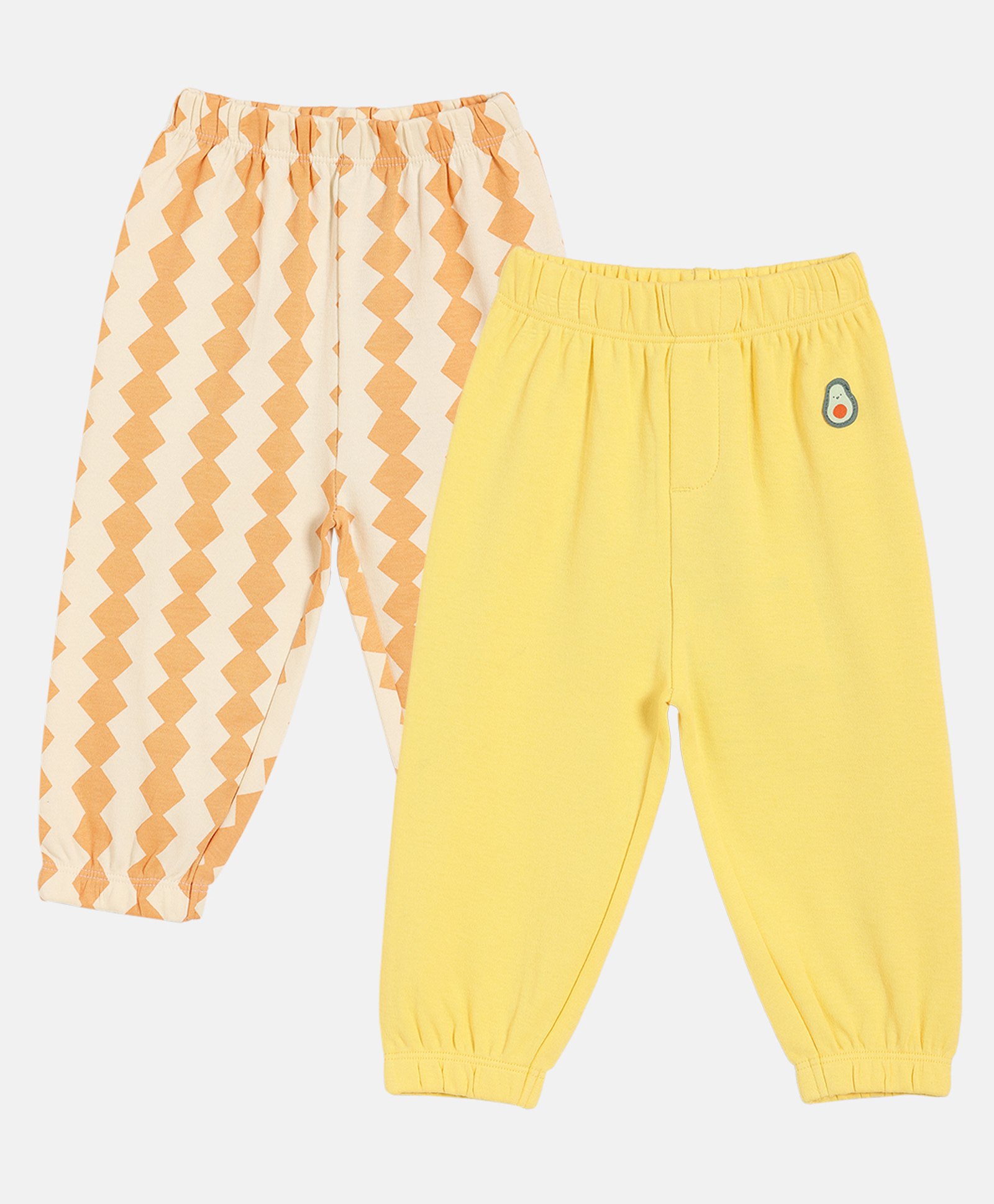 MINI KLUB Cotton Knit Pack Of 2 Geometric Printed & Avocado Patch Embroidered Pants - Peach & Yellow-picture-28