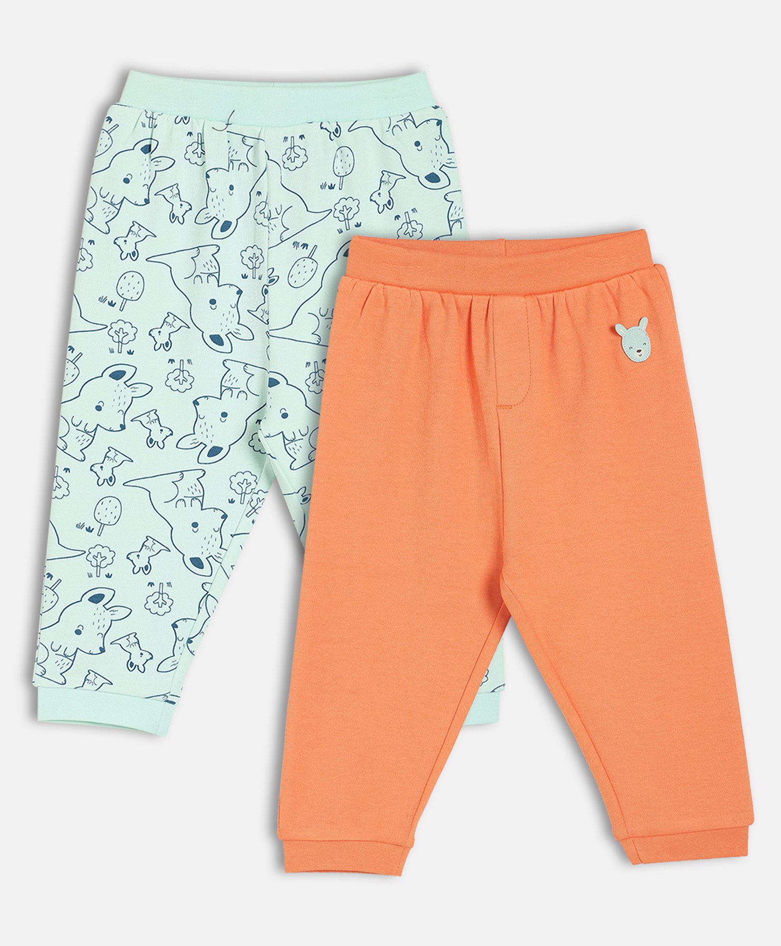 MINI KLUB Cotton Knit Pack Of 2 Baby Kangaroos Printed & Patch Embroidered Pants - Blue & Orange-picture-24