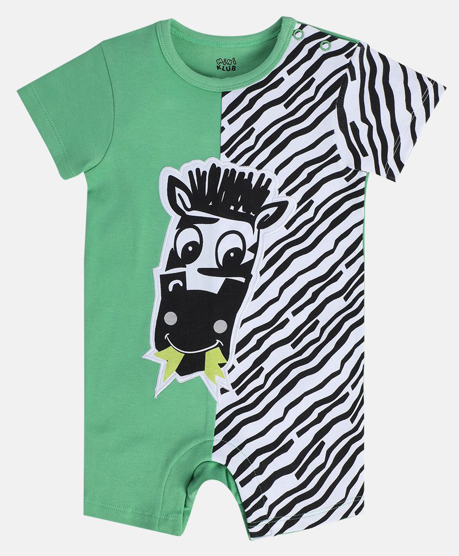 MINI KLUB Cotton Knit Half Sleeves Zebra Patch Detailed Romper - Green & White-picture-21