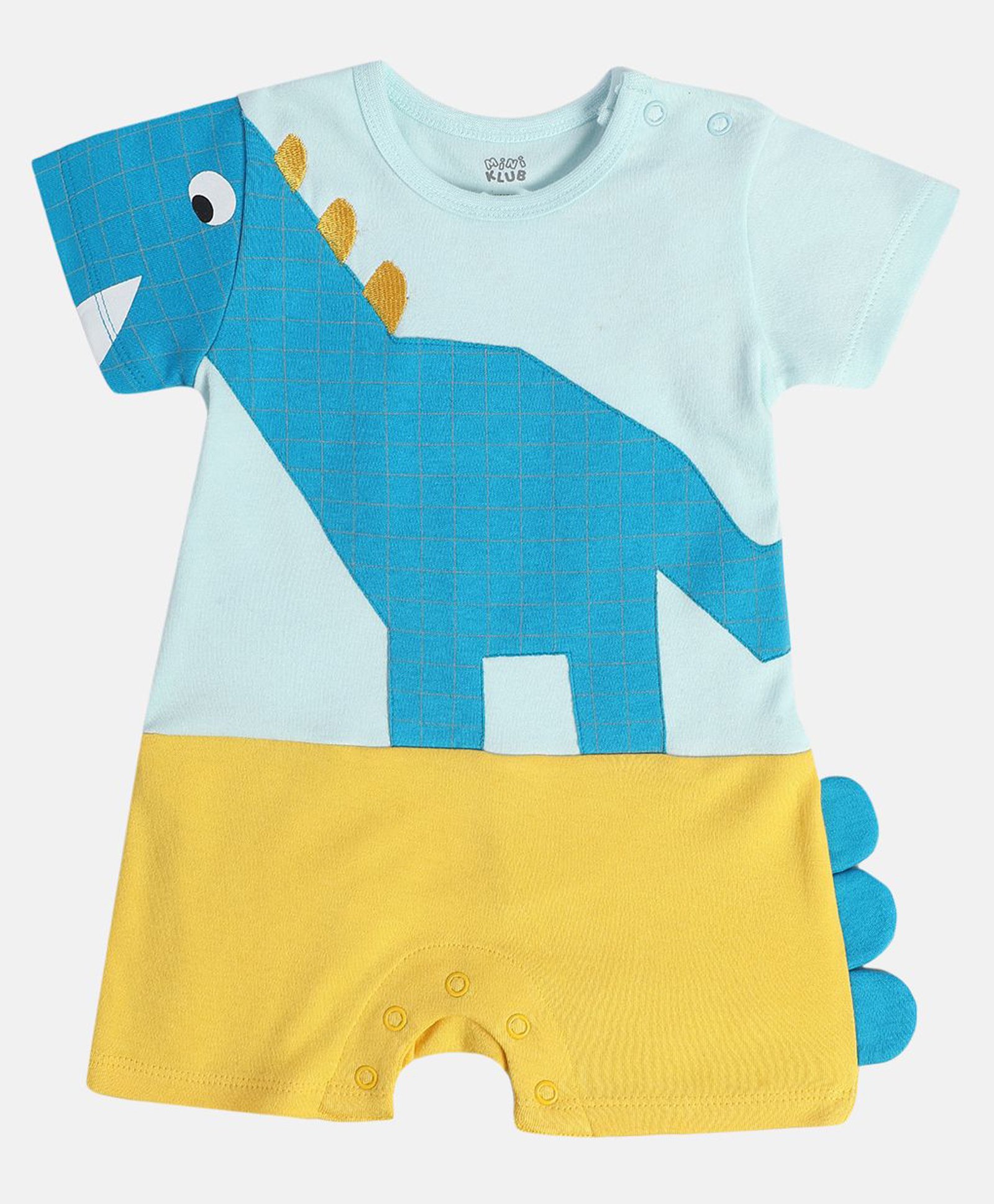 MINI KLUB Cotton Knit Half Sleeves Dinosaur Printed Romper - Blue & Yellow-picture-41