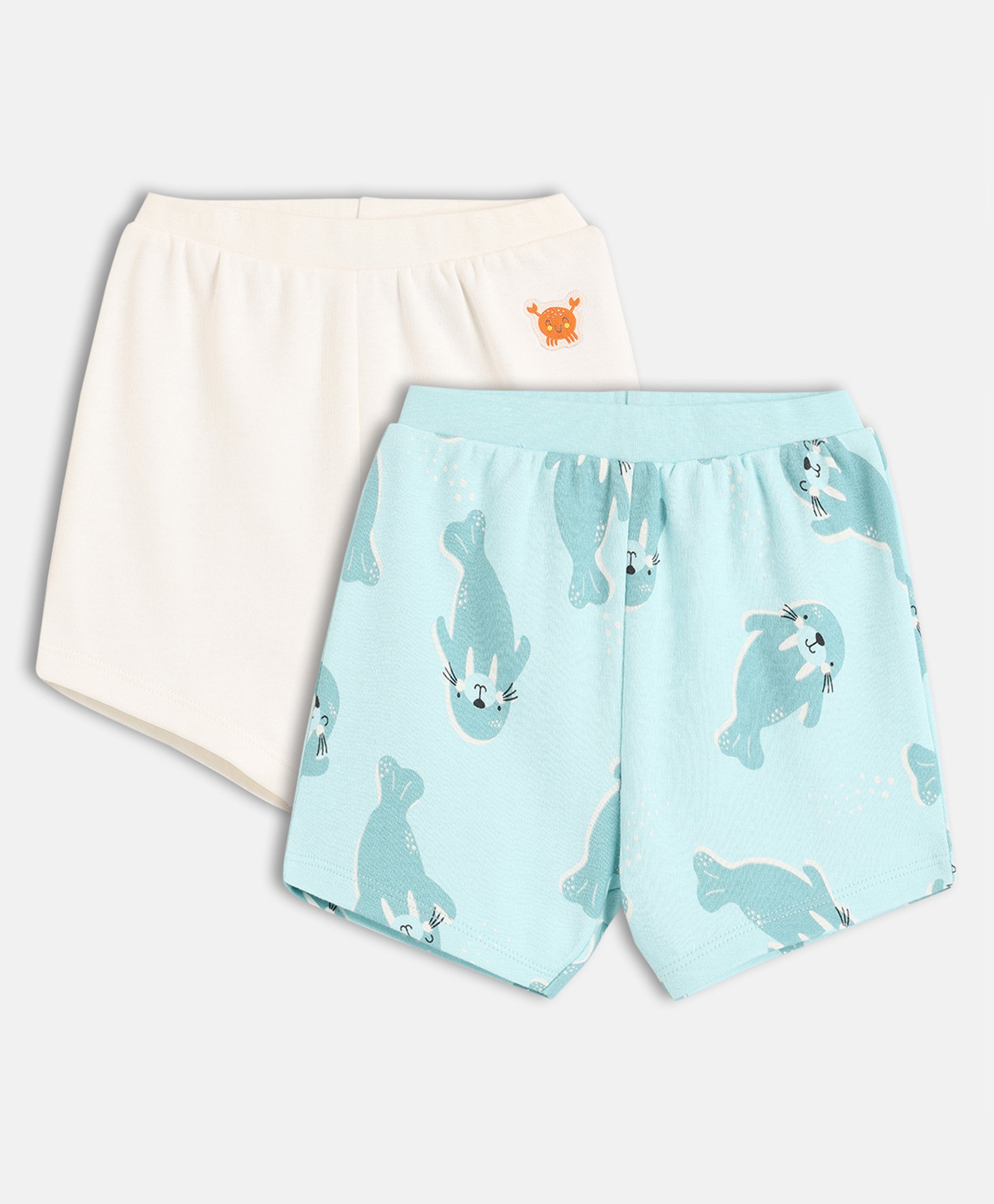 MINI KLUB Cotton Knit Pack Of 2 Walrus Printed & Crab Patch Embroidered Shorts - Blue & Pink-image-22