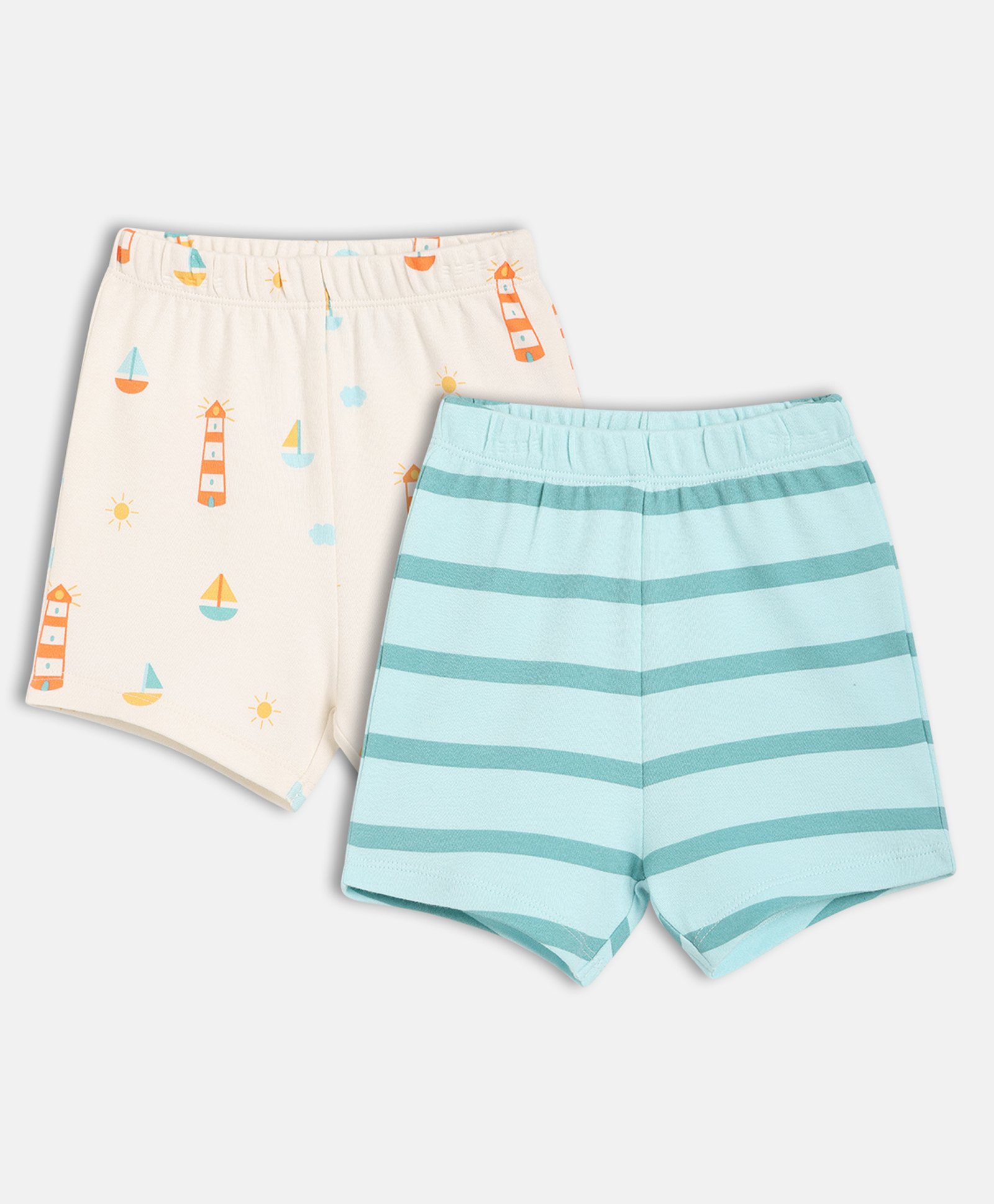 MINI KLUB Cotton Knit Pack Of 2 Lighthouse Printed & Striped Shorts - Off White & Blue-picture-38