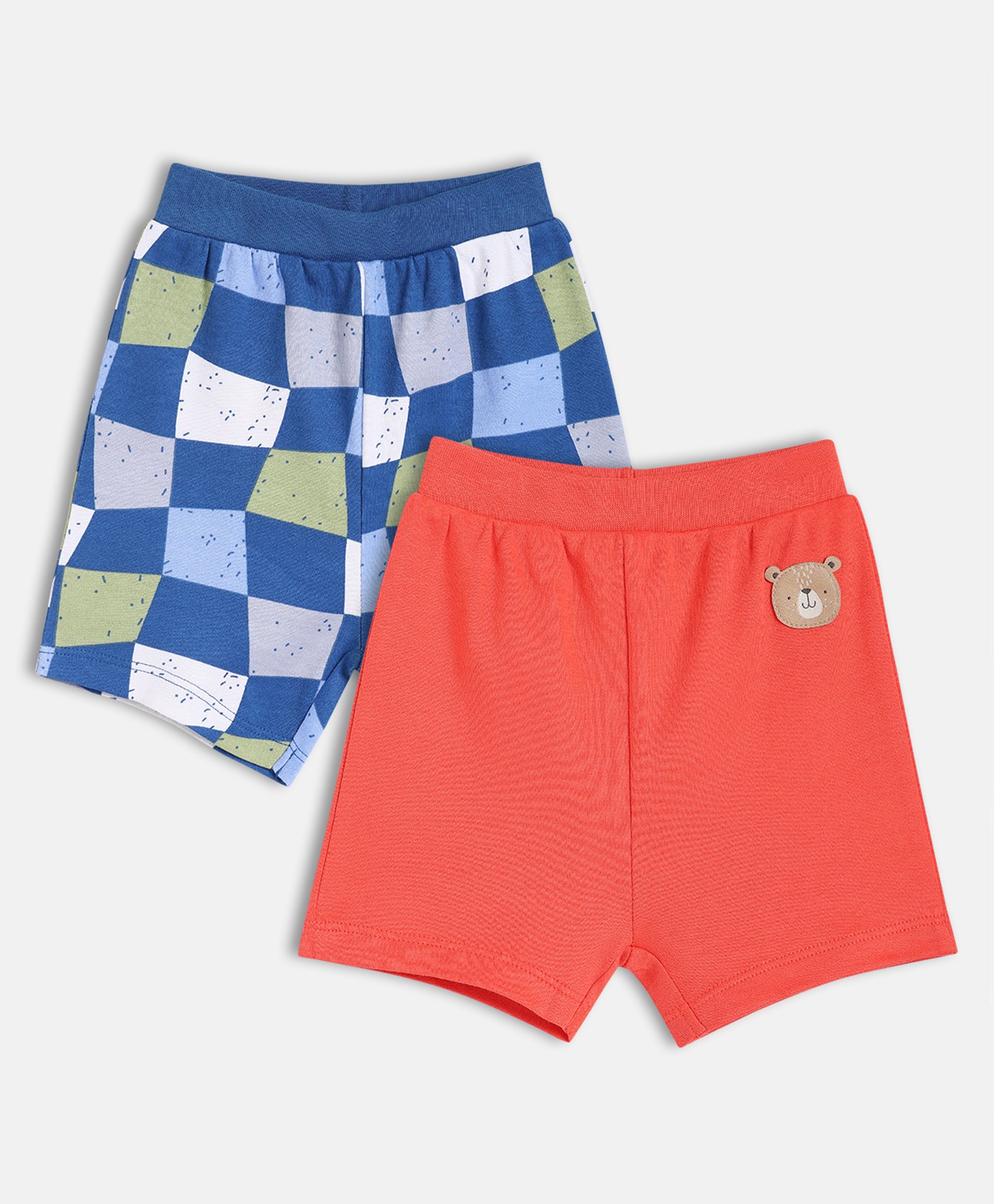 MINI KLUB Cotton Knit Pack Of 2 Abstract Checked & Teddy Bear Patch Detailed Shorts - Coral & Blue-picture-12