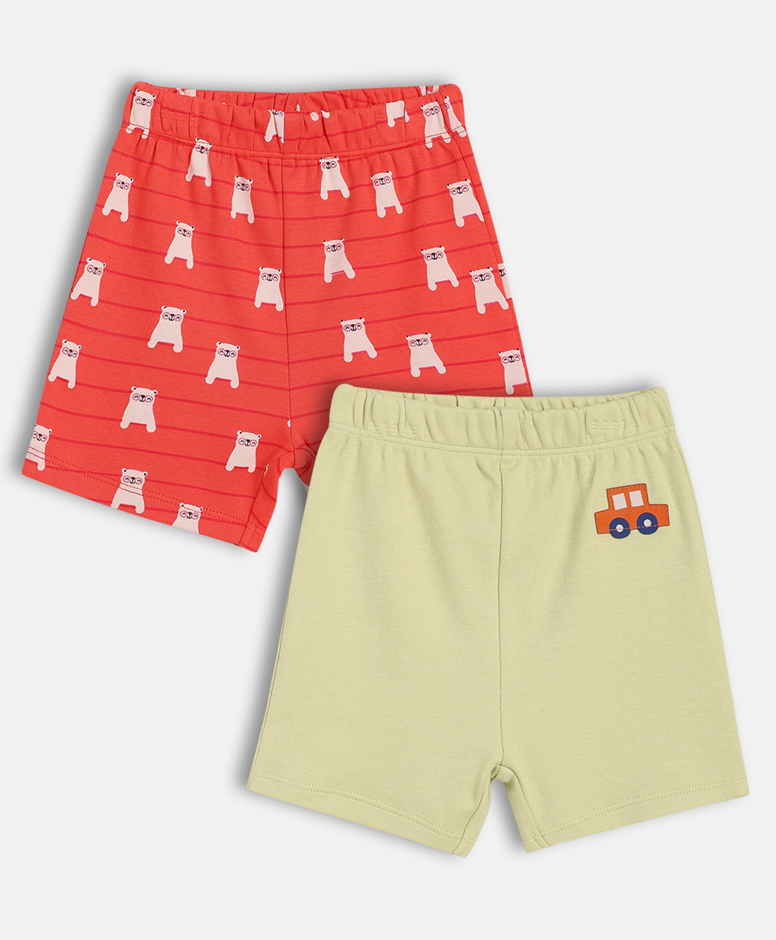 MINI KLUB Cotton Knit Pack Of 2 Car & Teddy Bears Printed Shorts - Beige & Red-picture-12