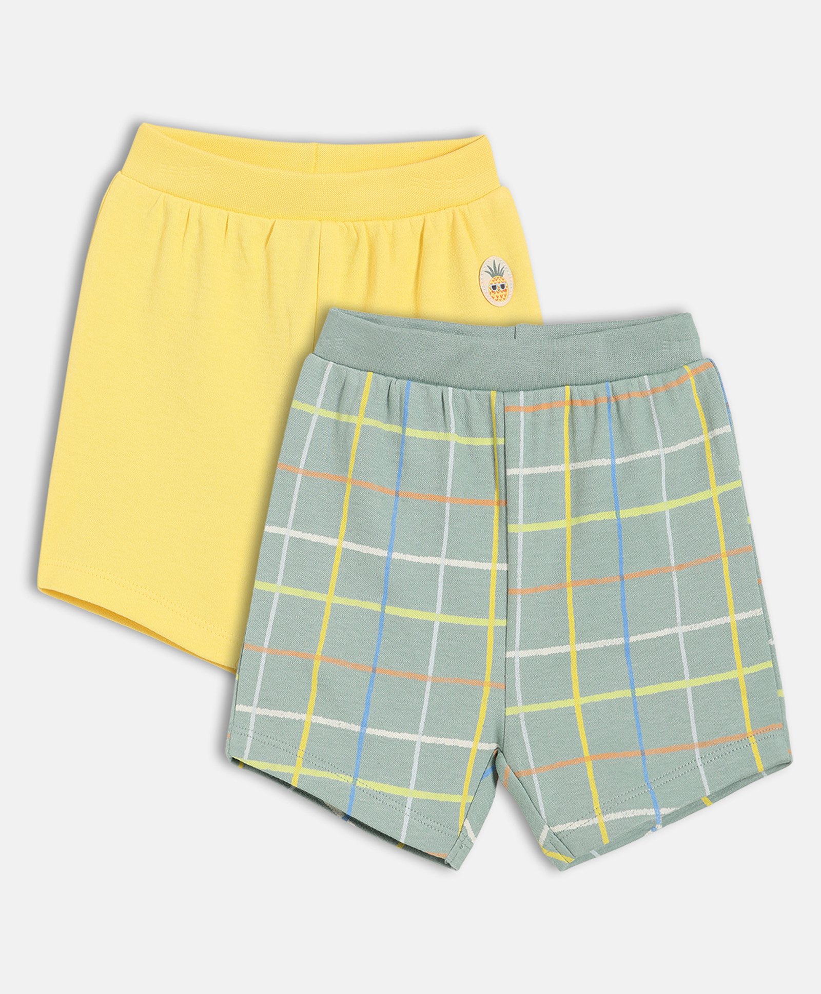 MINI KLUB Cotton Knit Pack Of 2 Checked & Pineapple Patch Detailed Shorts - Yellow & Grey-picture-29
