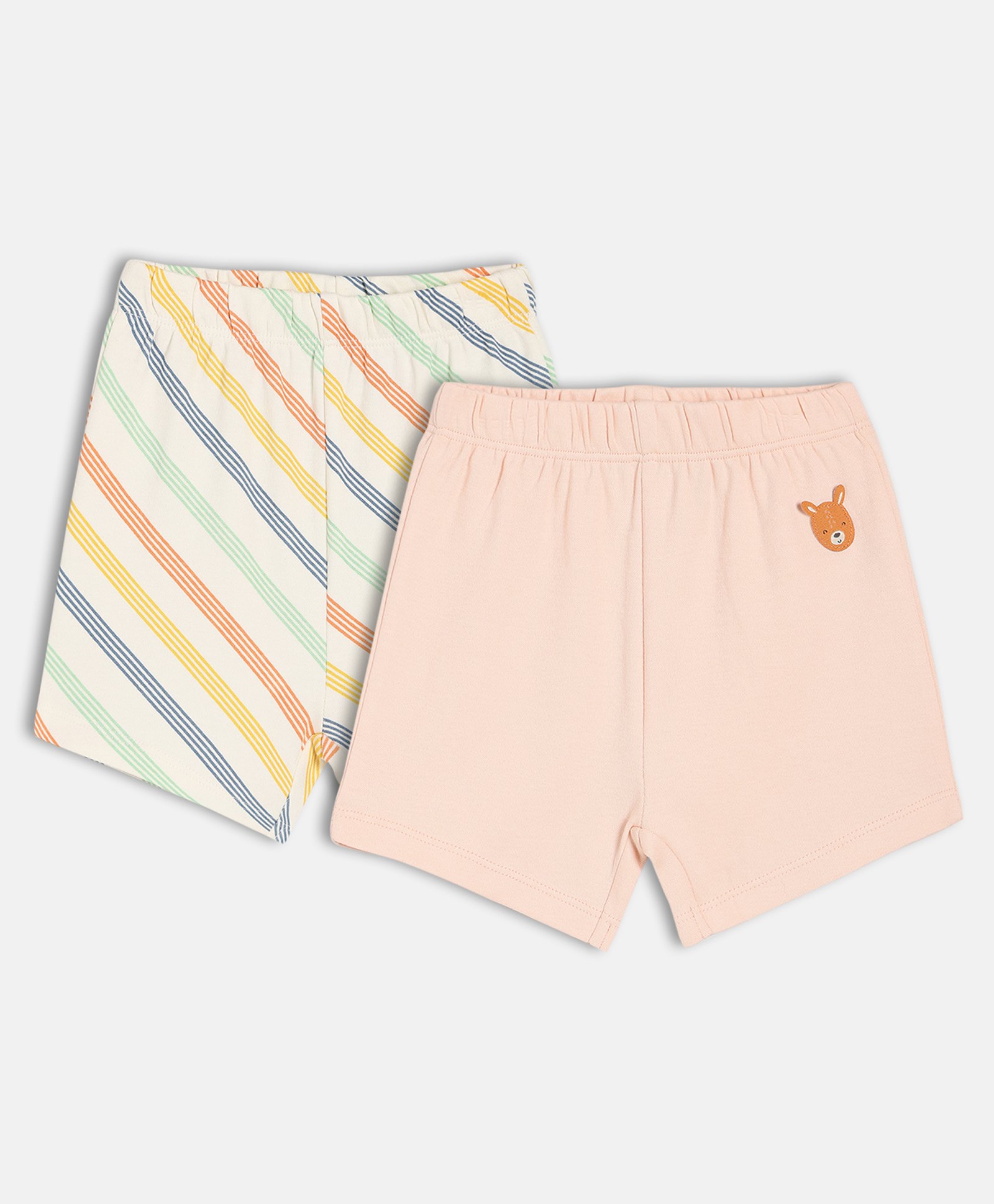 MINI KLUB Cotton Knit Pack Of 2 Striped & Animal Patch Embroidered Shorts - White & Pink-image-28