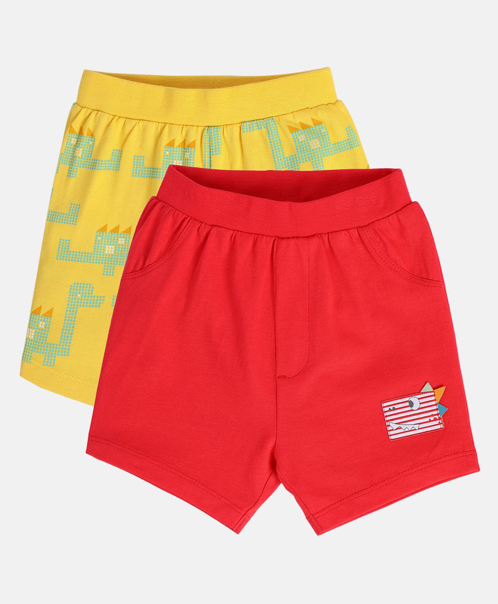 MINI KLUB Cotton Knit Pack Of 2 Dinosaur Printed & Patch Detailed Shorts - Yellow & Red-picture-28