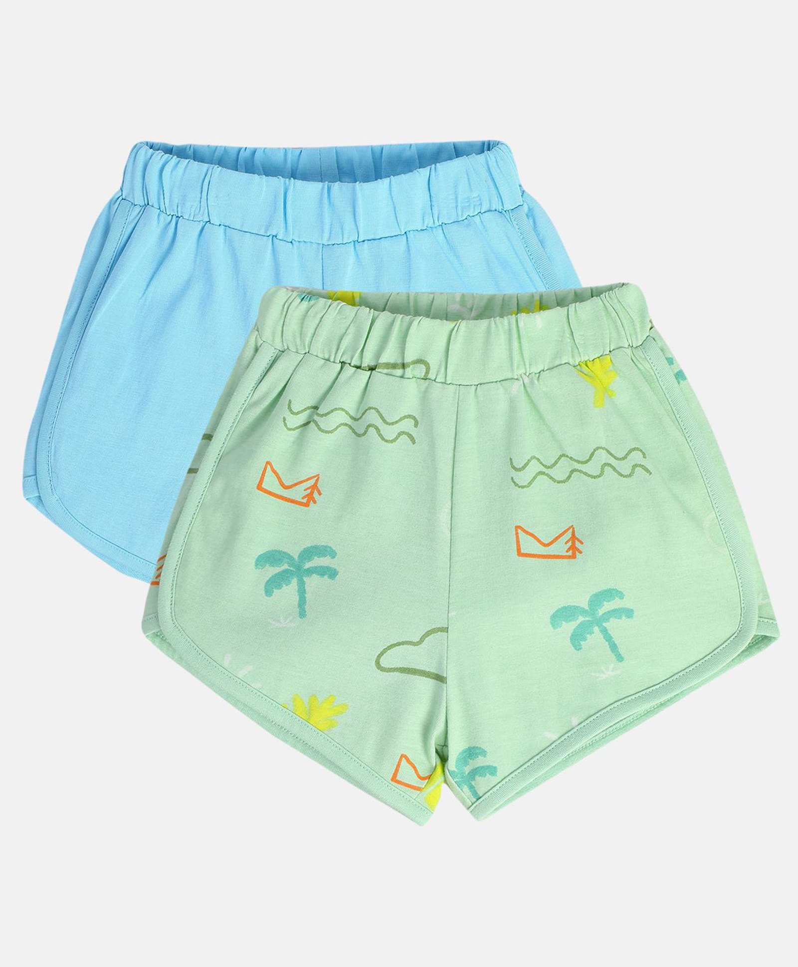 MINI KLUB Cotton Knit Pack Of 2 Solid & Palm Trees Printed Shorts - Blue & Green-image-23