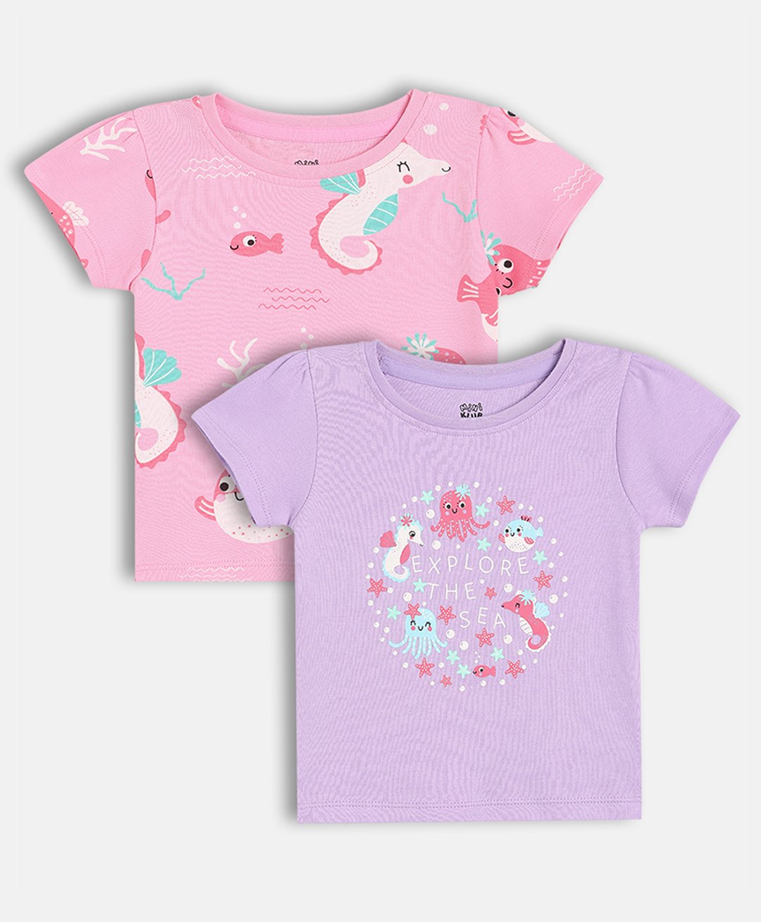 MINI KLUB Cotton Knit Pack Of 2 Half Sleeves Sea Life Printed Tops - Pink & Purple-image-38