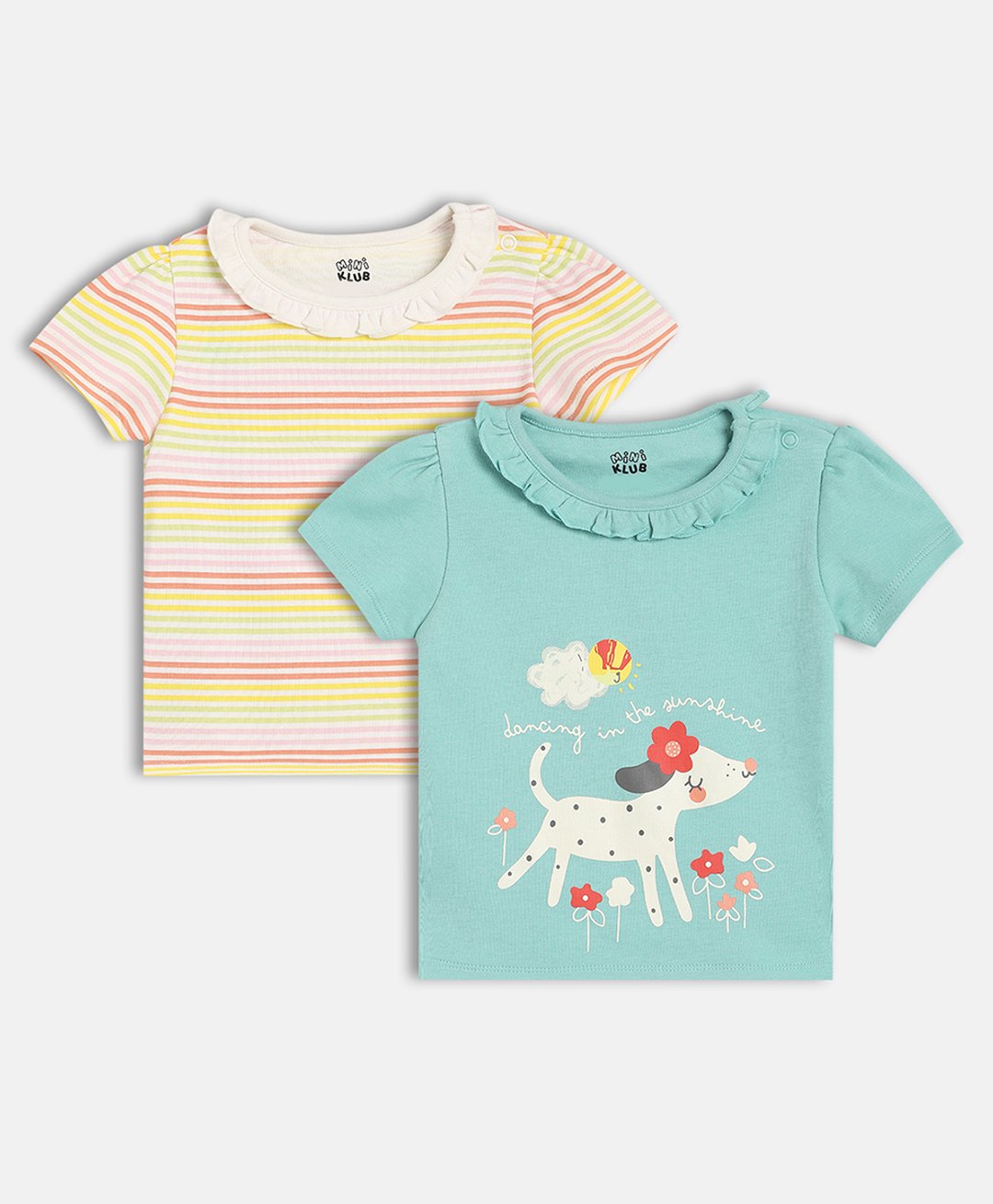MINI KLUB Cotton Knit Pack Of 2 Half Sleeves Striped & Dog Printed Tops - White & Blue-picture-35