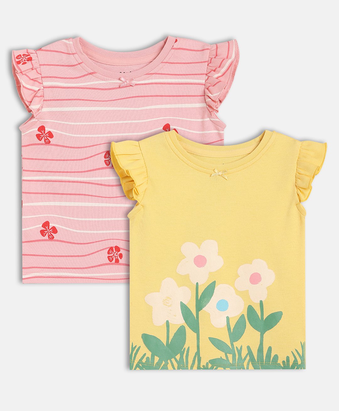 MINI KLUB Cotton Knit Pack Of 2 Frill Sleeves Floral Printed Tops - Pink & Yellow-picture-36