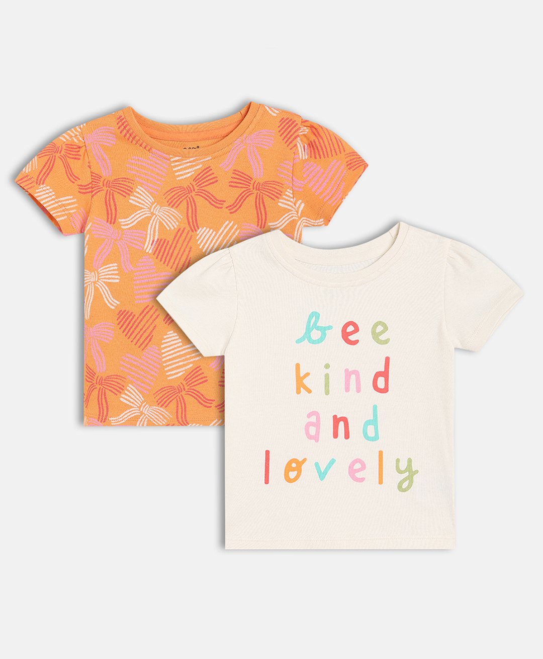 MINI KLUB Cotton Knit Pack Of 2 Half Sleeves Bee Kind Text & Ribbons Printed Tees - Multi Colour-image-23