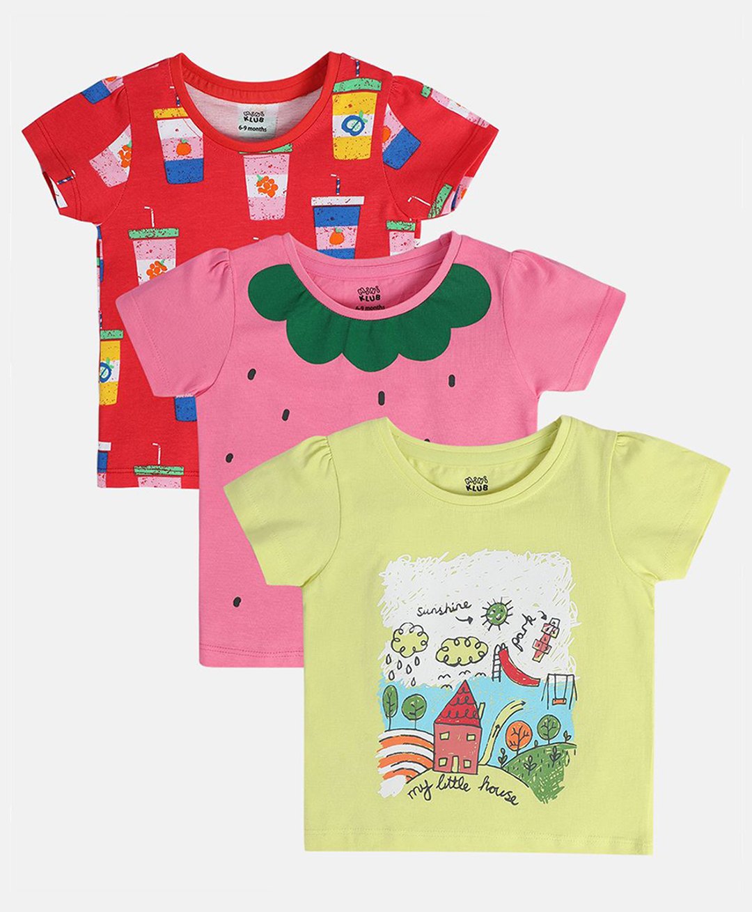 MINI KLUB Cotton Knit Pack Of 3 Half Sleeves House & Drinks Printed Tees - Multi Colour-picture-11
