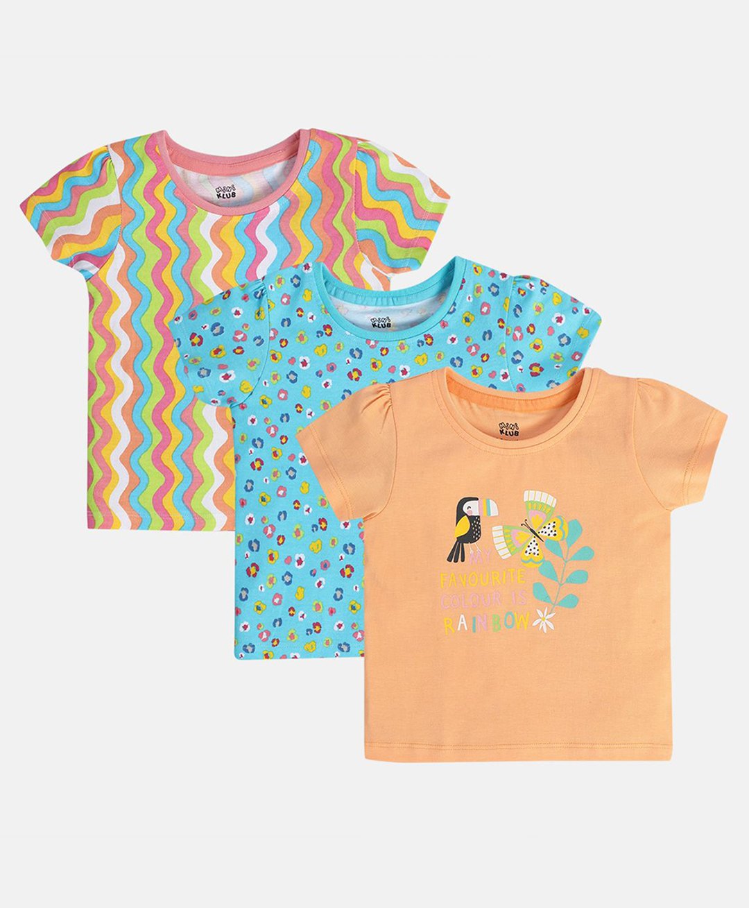 MINI KLUB Cotton Knit Pack Of 3 Half Sleeves Abstract & Bird Printed Tees - Multi Colour-picture-20