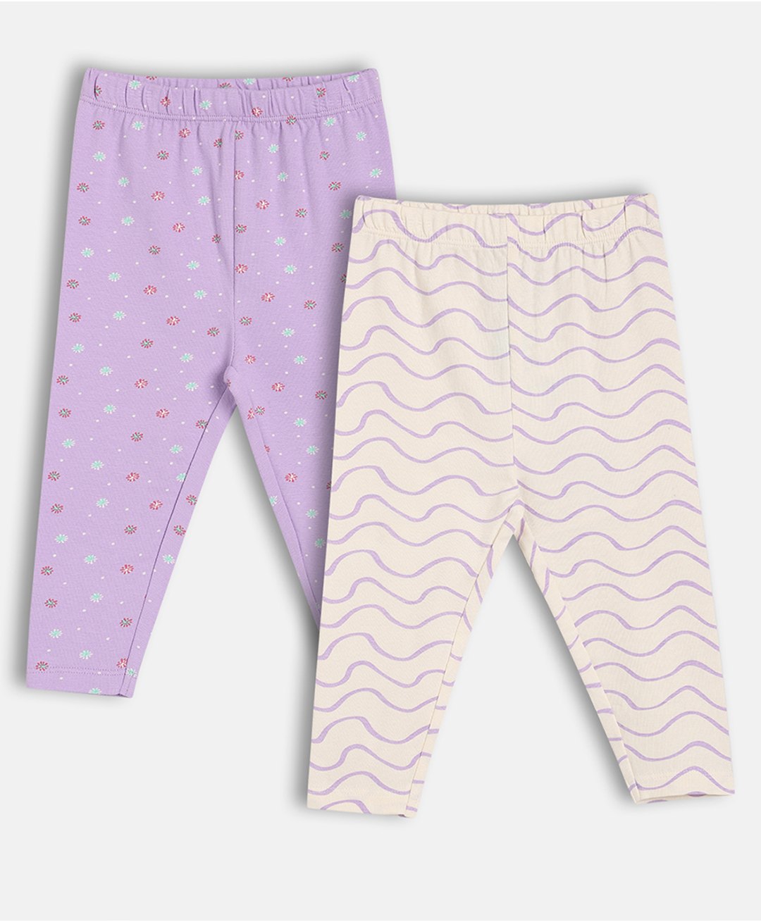 MINI KLUB Cotton Knit Pack Of 2 Floral & Waves Printed Leggings - Pink & Lilac-picture-11