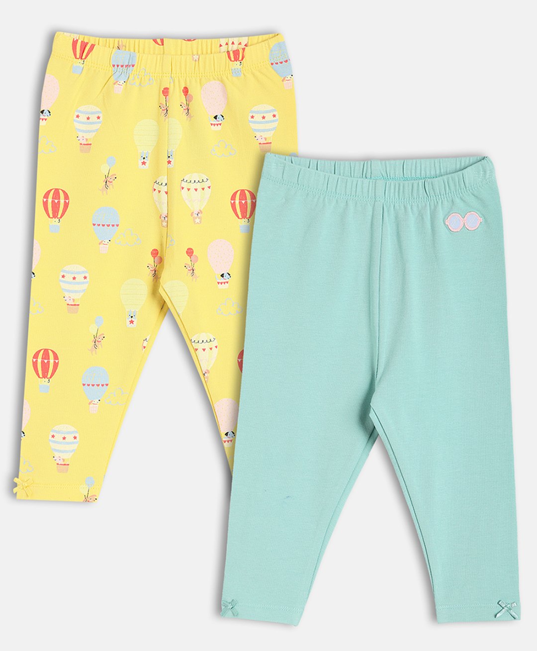 MINI KLUB Cotton Knit Pack Of 2 Sunglasses Patch Detailed & Hot Air Balloon Printed Leggings - Yellow & Blue-picture-46