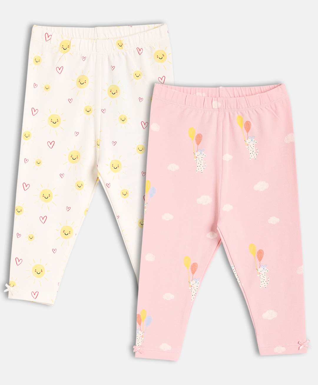 MINI KLUB Cotton Knit Pack Of 2 Hearts & Clouds Printed Leggings - White & Pink-image-44