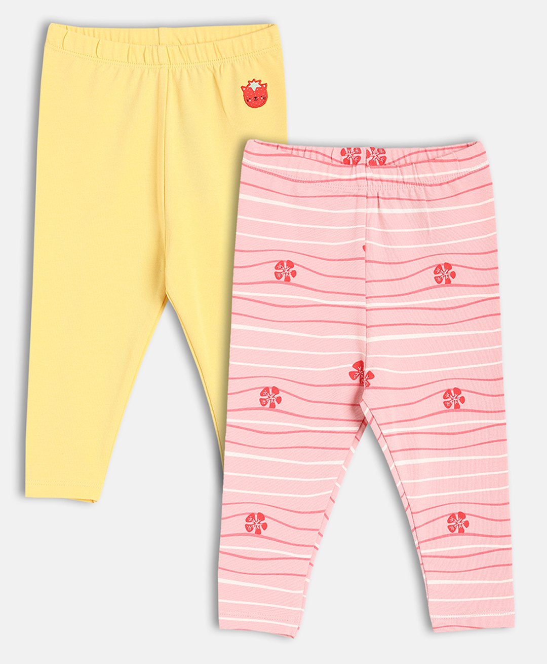 MINI KLUB Cotton Knit Pack Of 2 Floral Printed & Cat Embroidered Leggings - Pink & Yellow-picture-21