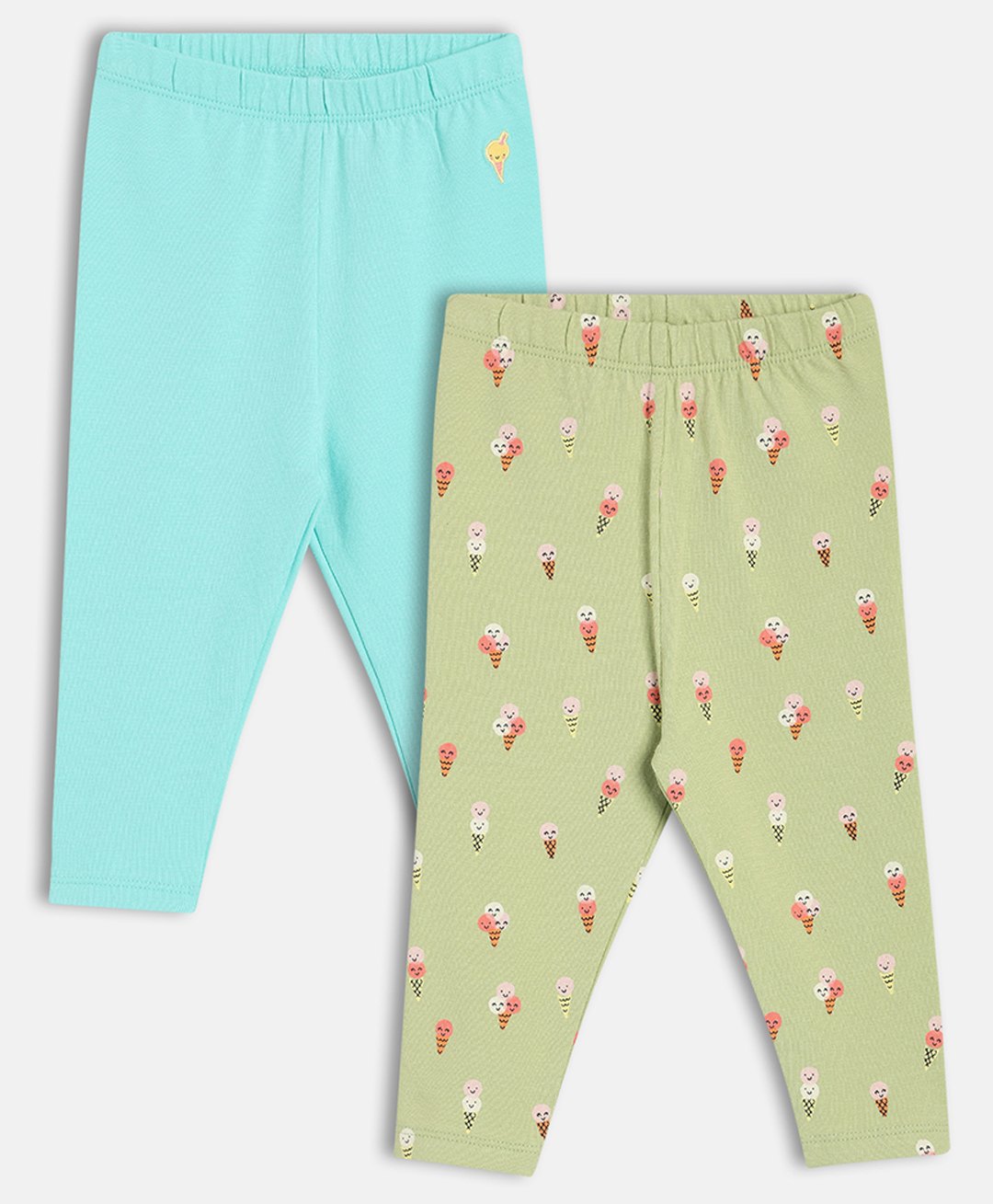 MINI KLUB Cotton Knit Pack Of 2 Ice Creams Printed & Embroidered Leggings - Blue & Green-image-15