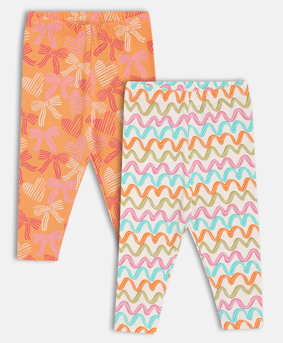 MINI KLUB Cotton Knit Pack Of 2 Bows & Waves Printed Leggings - Orange & Pink-picture-13