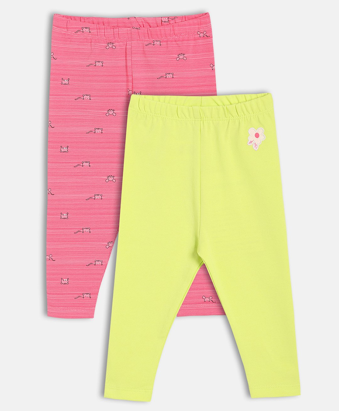 MINI KLUB Cotton Knit Pack Of 2 Baby Animals Printed & Floral Embroidered Leggings - Pink & Yellow-picture-36