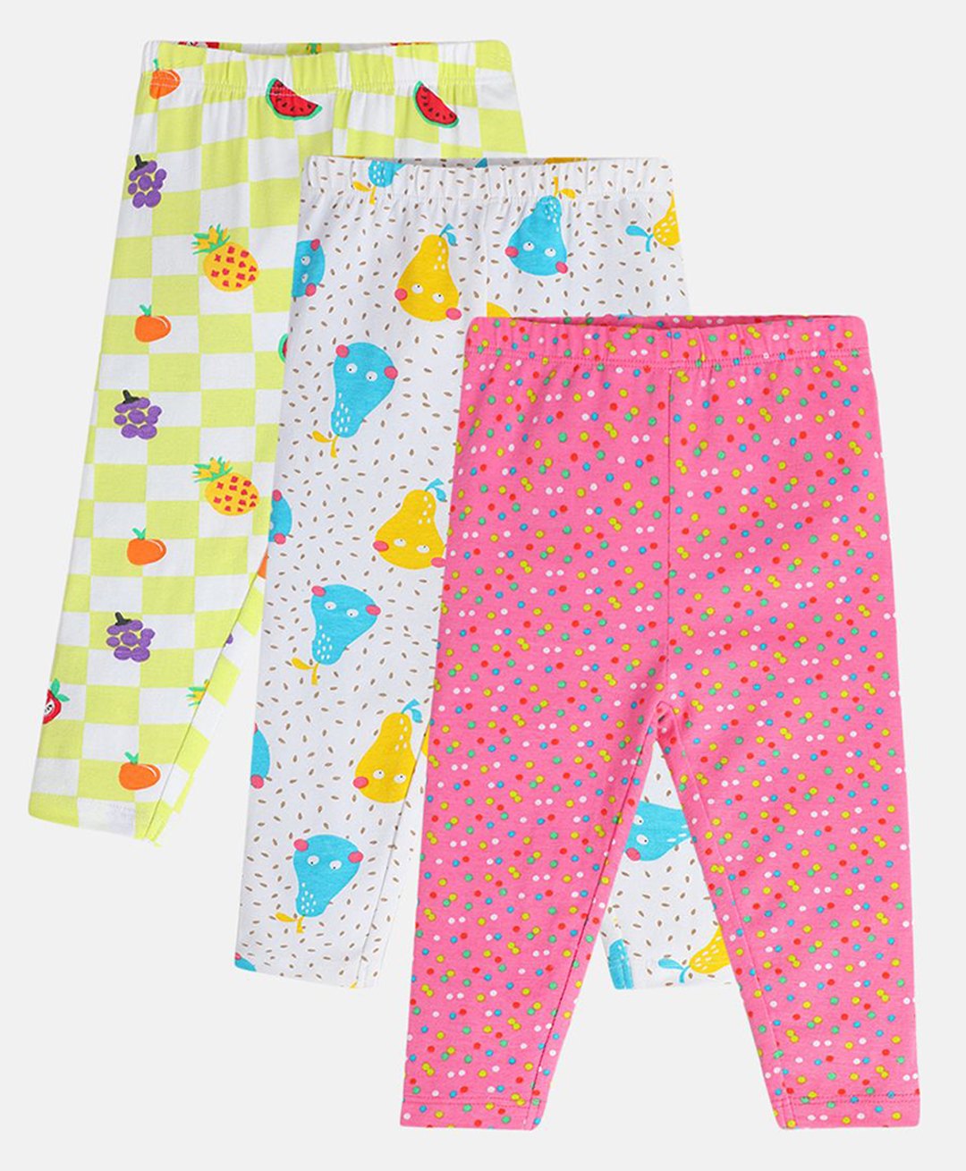 MINI KLUB Cotton Knit Pack Of 3 Fruits & Polka Dots Printed Leggings - Yellow Pink & White-picture-47