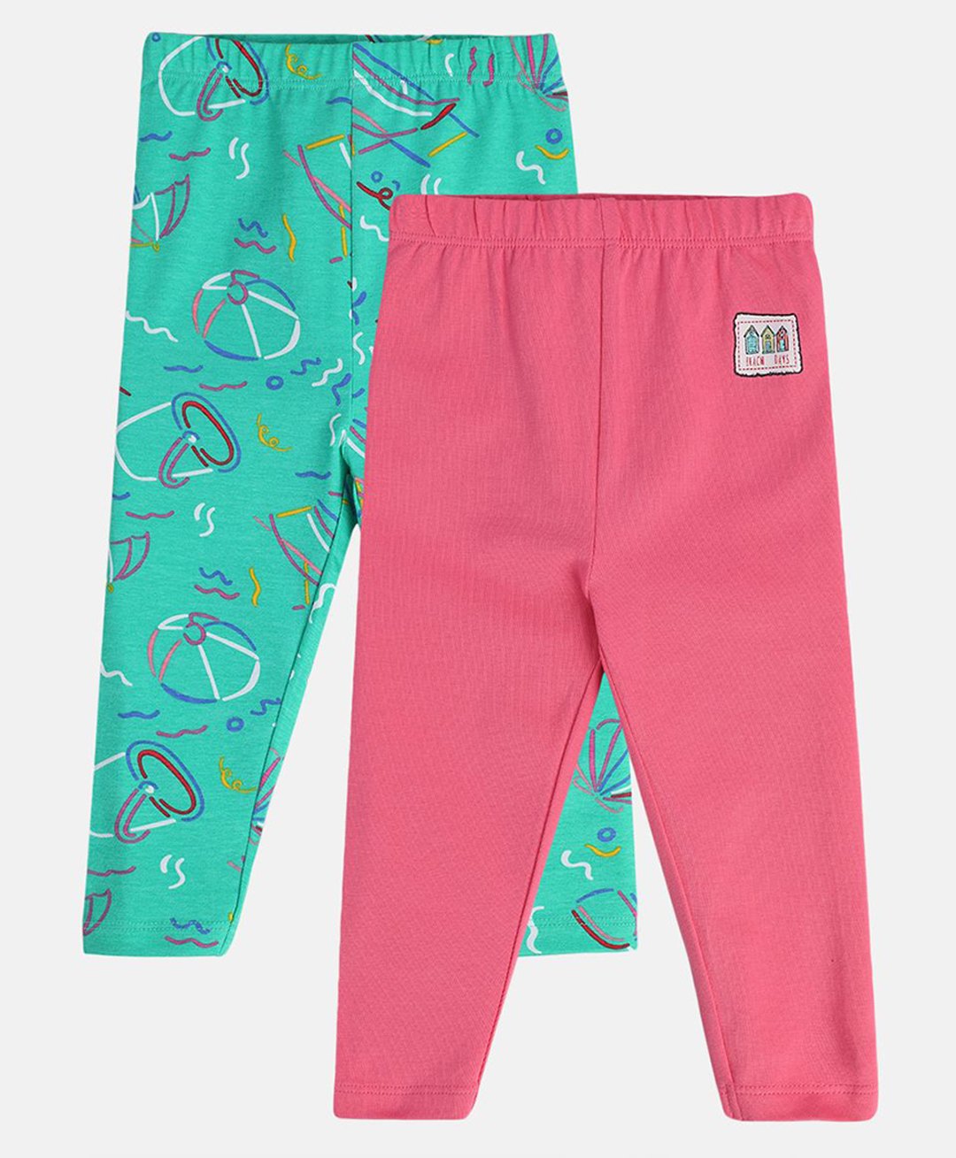 MINI KLUB Cotton Pack Of 2 Solid & Beach Theme Printed Leggings - Pink & Blue-image-26
