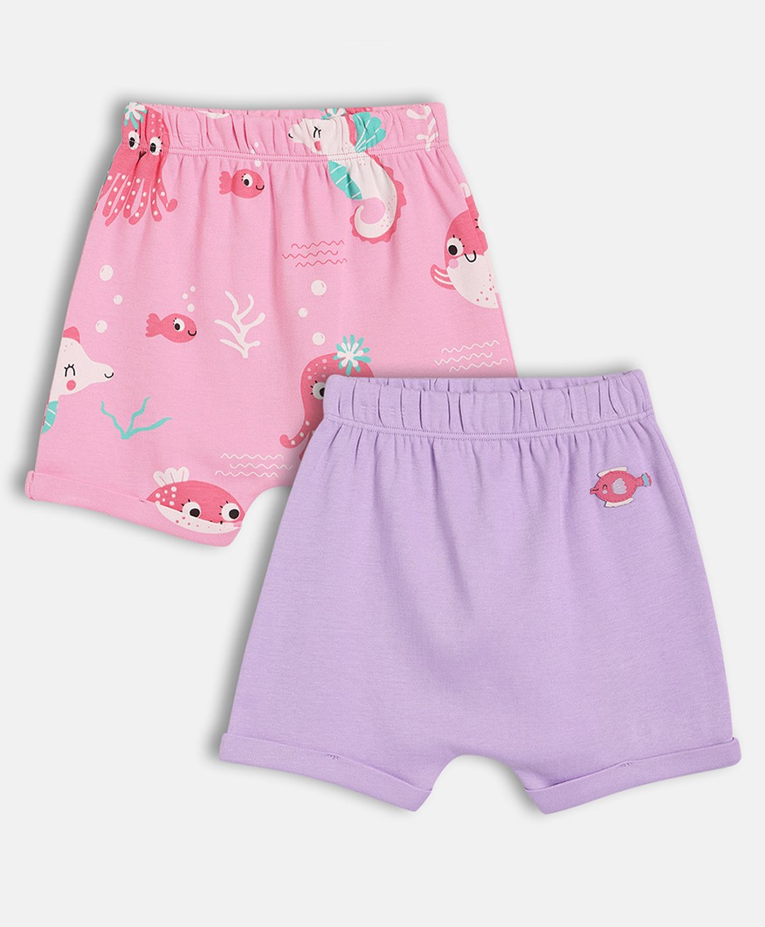 MINI KLUB Cotton Knit Pack Of 2 Sea Life Printed & Fish Patch Detailed Shorts - Pink & Purple-picture-11