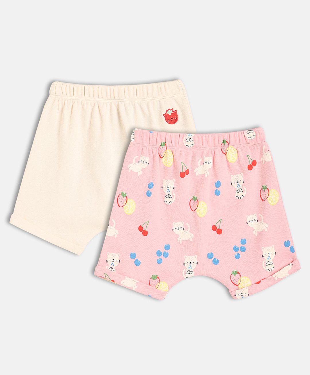 MINI KLUB Cotton Knit Pack Of 2 Baby Animals & Fruits Printed Shorts - Pink & Baby Pink-picture-43