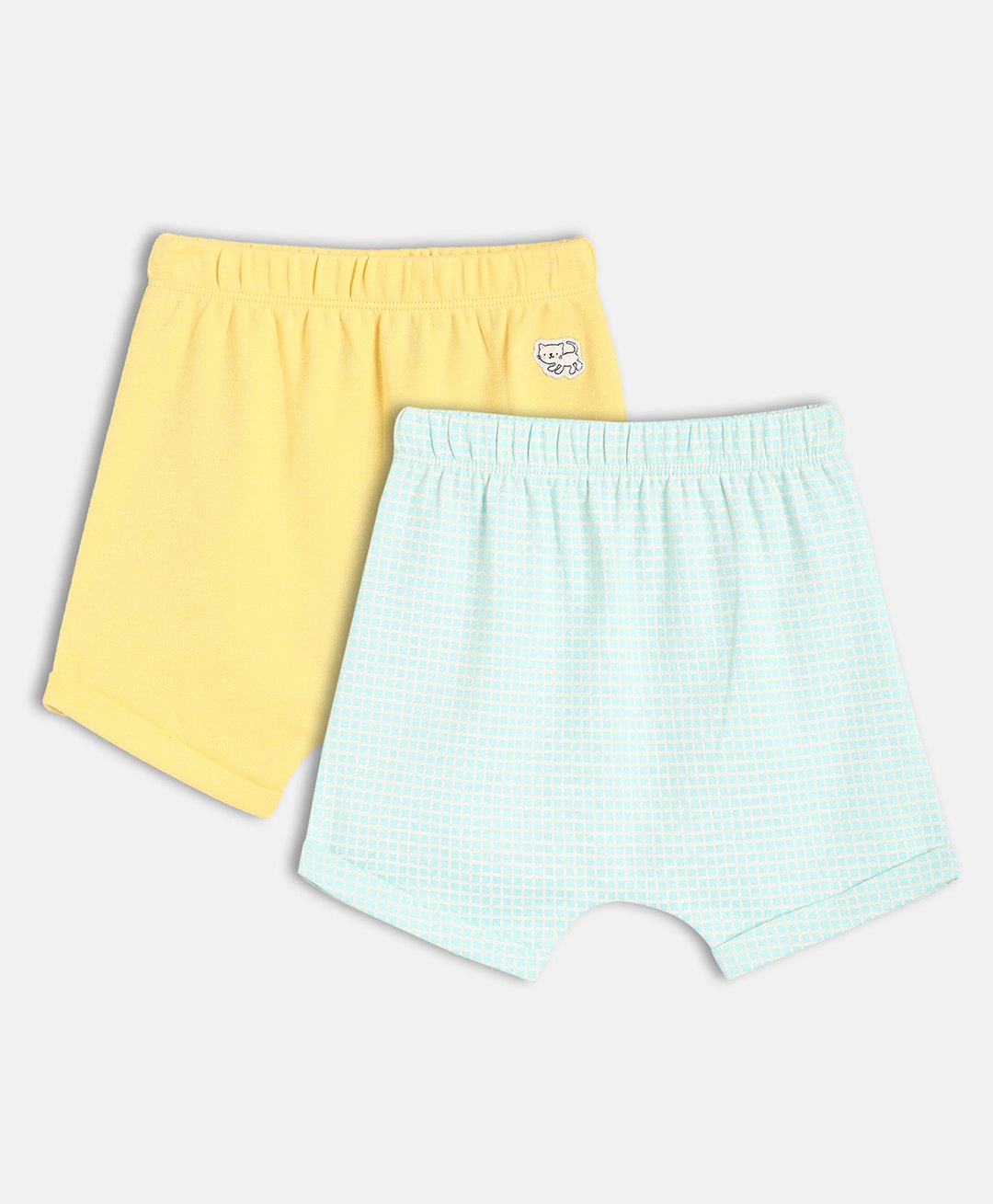 MINI KLUB Cotton Knit Pack Of 2 Checked & Cat Patch Detailed Shorts - Blue & Yellow-image-18