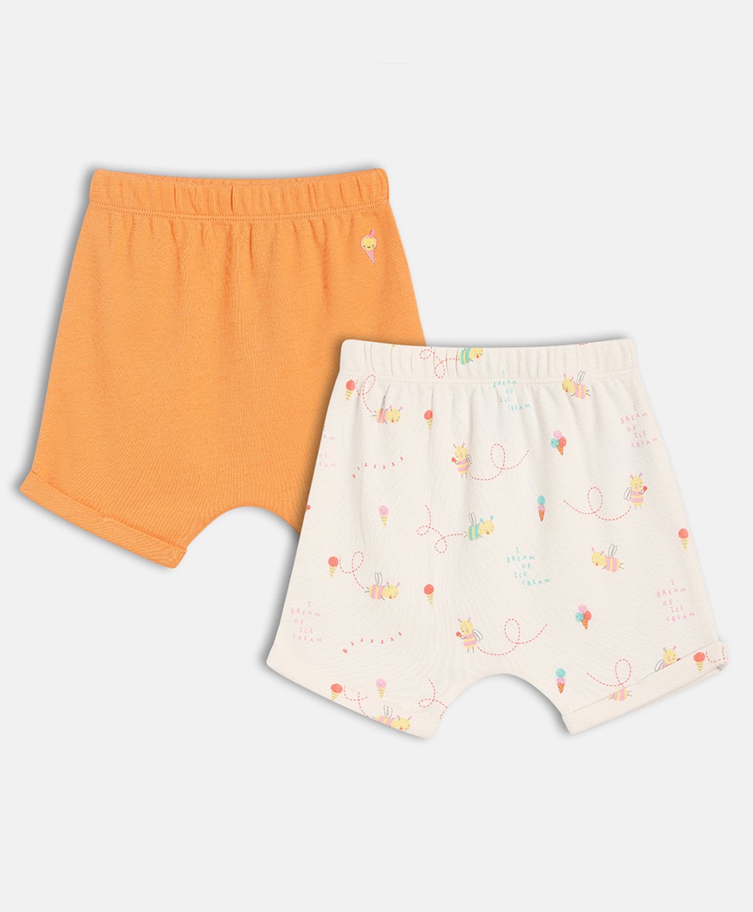 MINI KLUB Cotton Knit Pack Of 2 Honey Bees Printed & Ice Cream Patch Detailed Shorts -Orange & Pink-picture-23