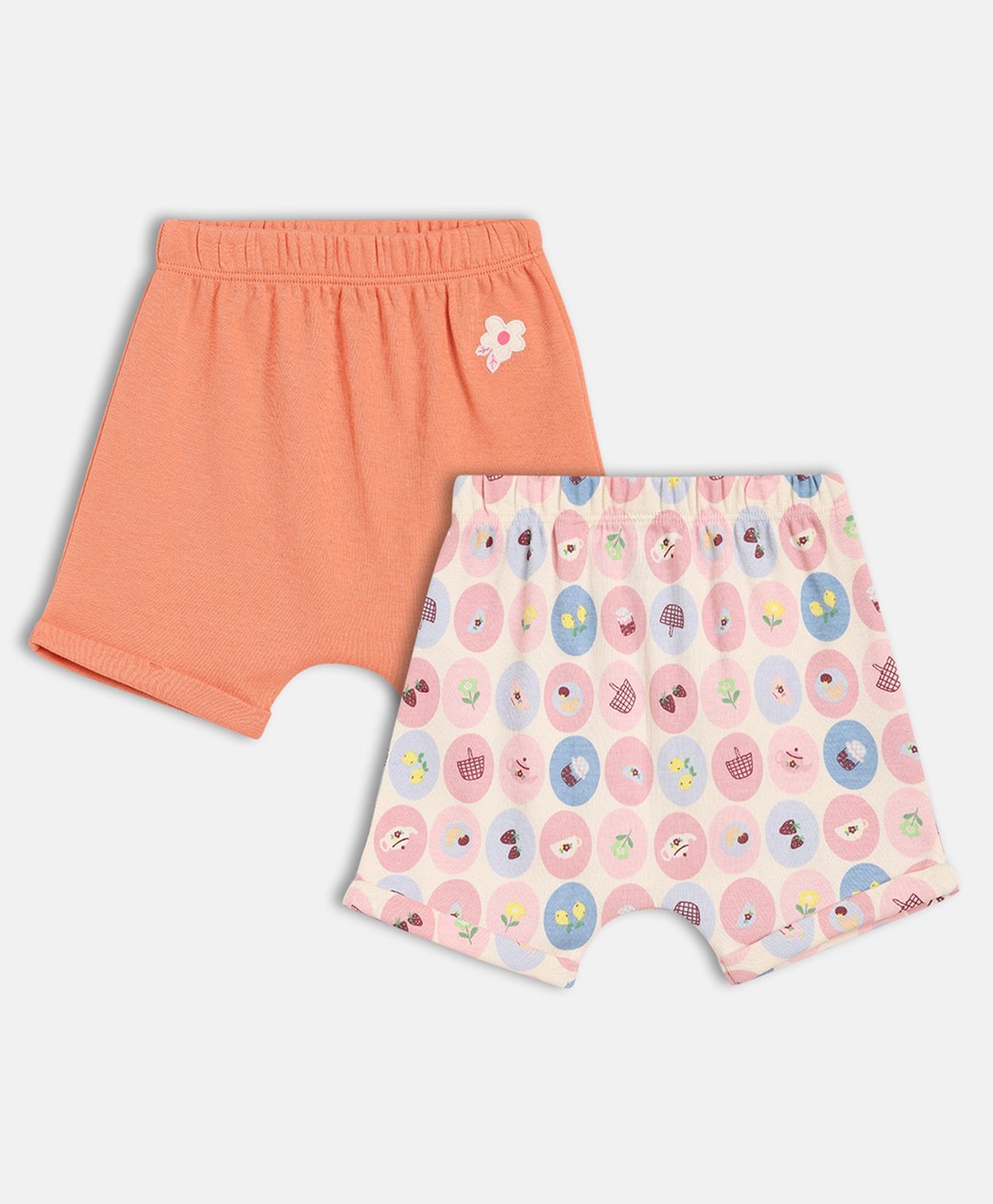 MINI KLUB Cotton Knit Pack Of 2 Breakfast Theme & Floral Patch Detailed Shorts - Orange & Pink-picture-24